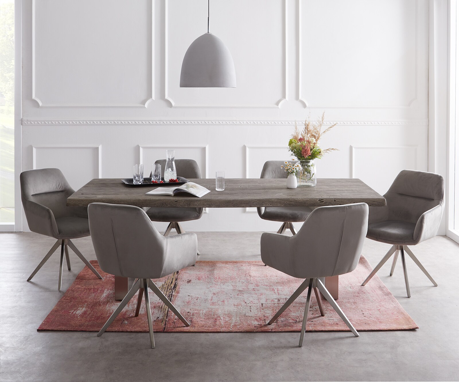 Eettafel Edge 200x100 XL acacia platina roestvrijstaal smal Live-Edge 1