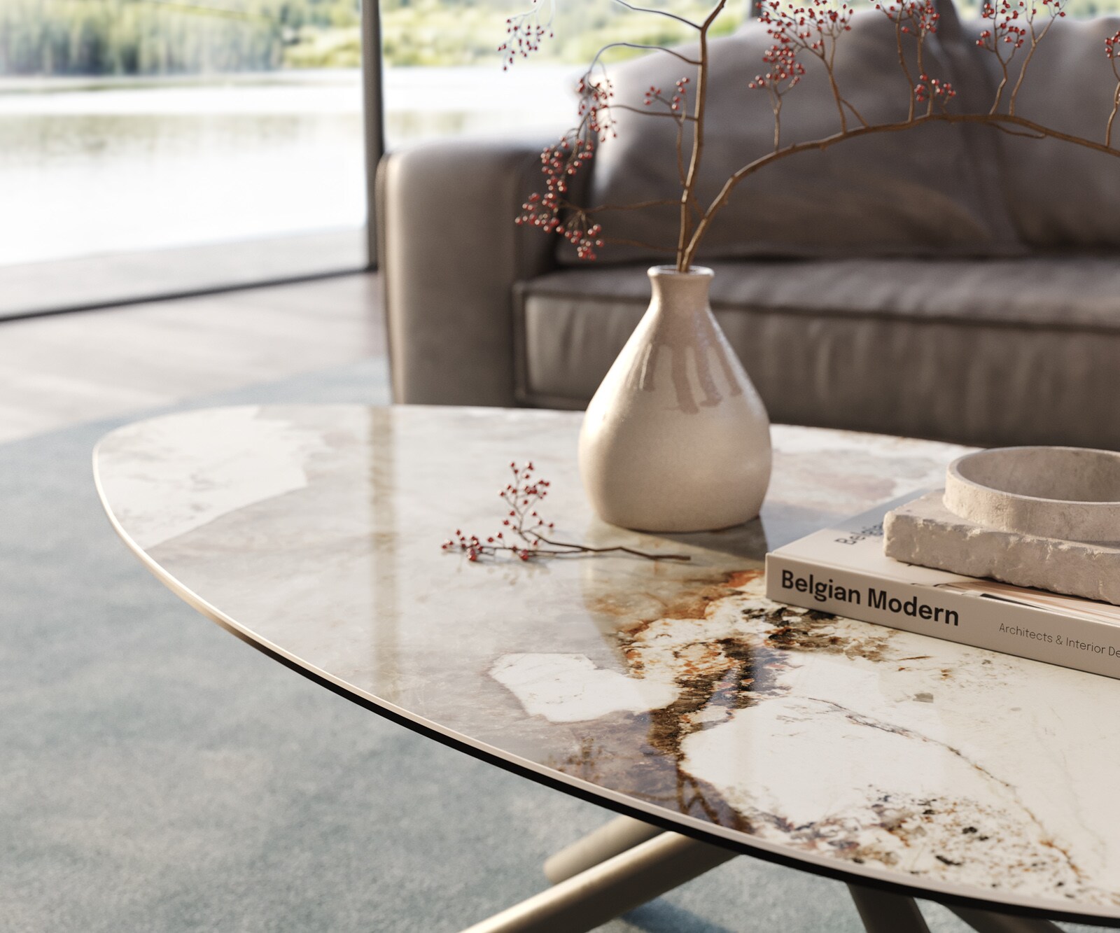 Salontafel Edge Organisch 140x76 cm keramiek Minas Melange Sarity Metall effectafwerking titaan 5