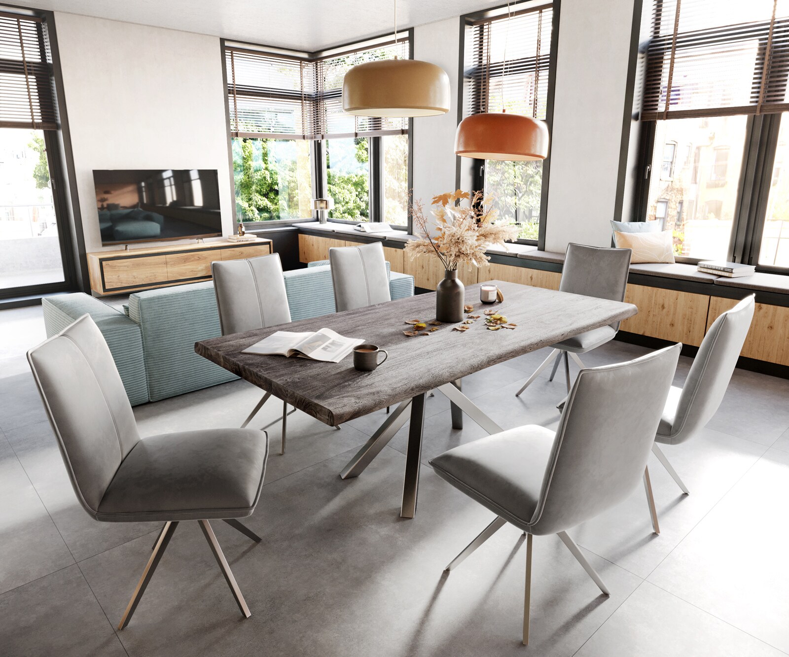 Eetkamerstoel Lelio-Flex fluweel grijs kruisframe breed roestvrij staal pocketveer kern 4