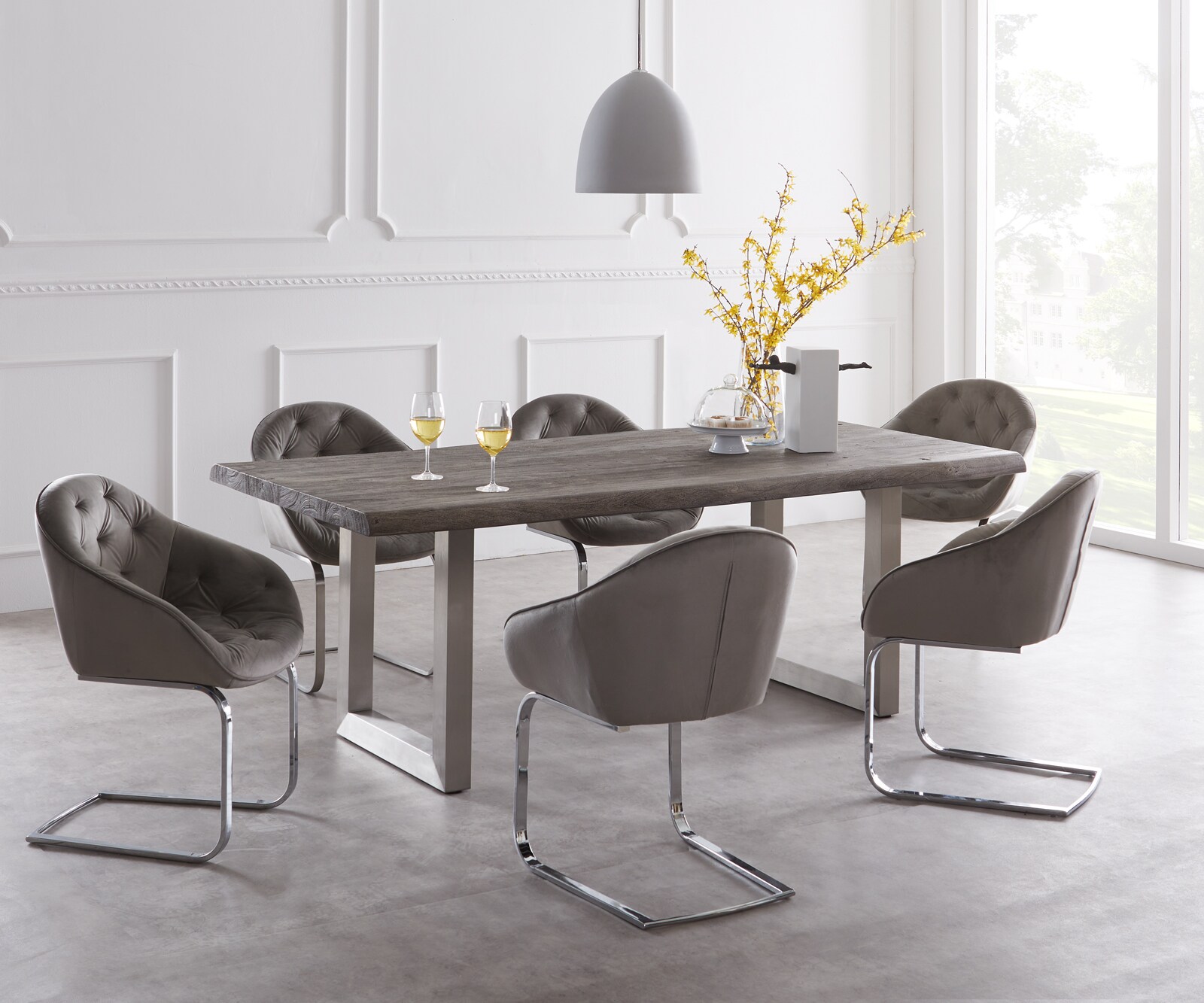 Eettafel Edge 220x100cm XL acacia platina roestvrijstaal breed Live-Edge 1