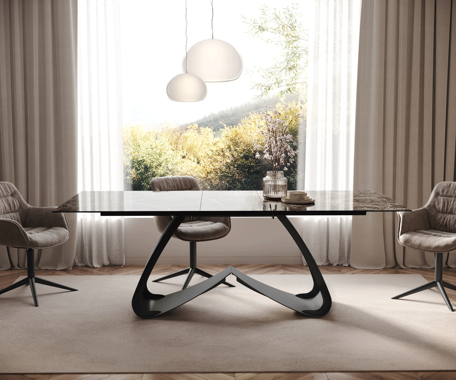 Eettafel Edge 180-220x90 keramiek  Laminam® Emperador Extra Lucidato donkerbruin W-frame zwart uitrekbaar 2