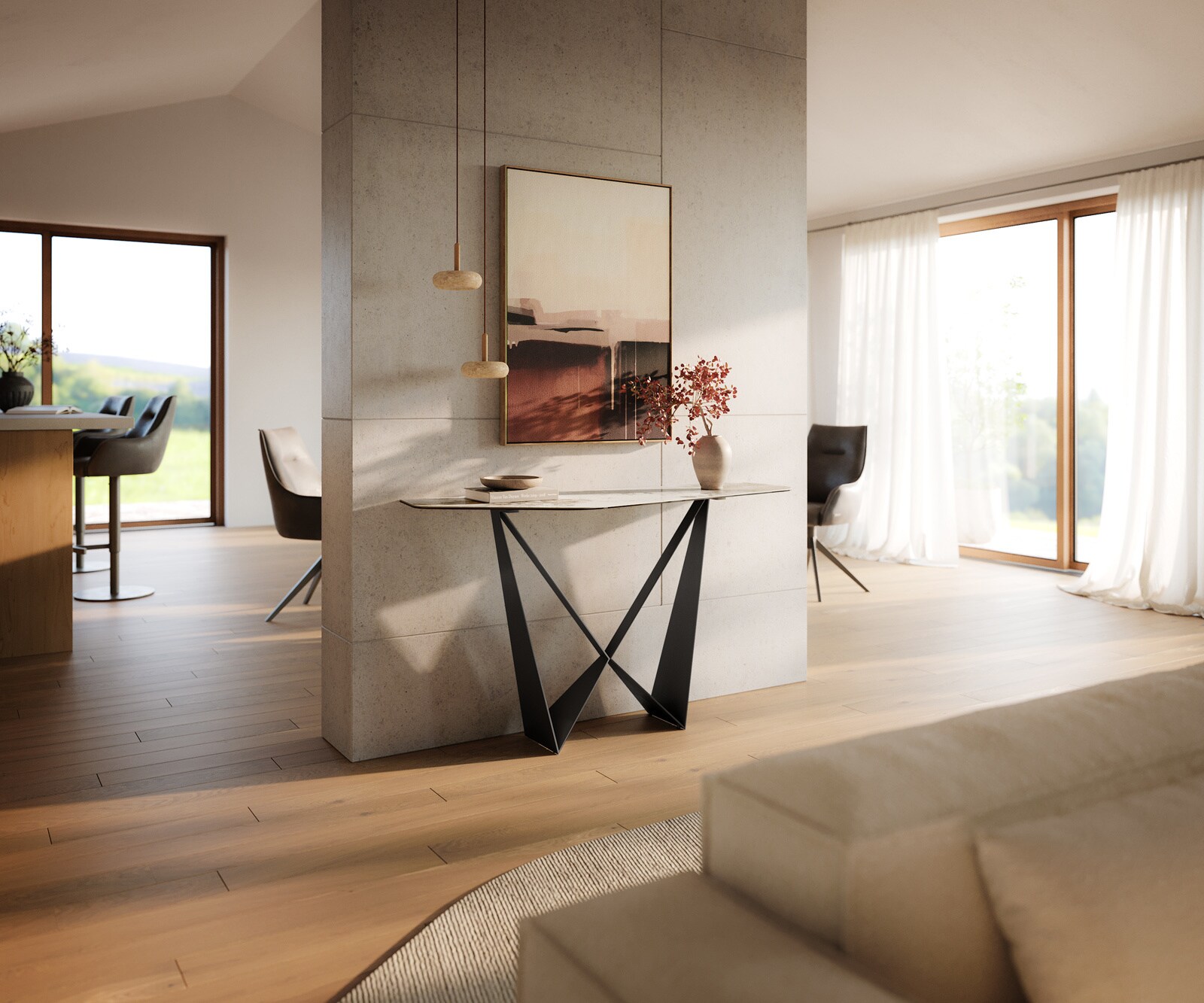 Consoletafel Edge Polygonaal 140x50 cm Keramiek Minas Melange Weiß-Beige Spios Metaal Zwart 7