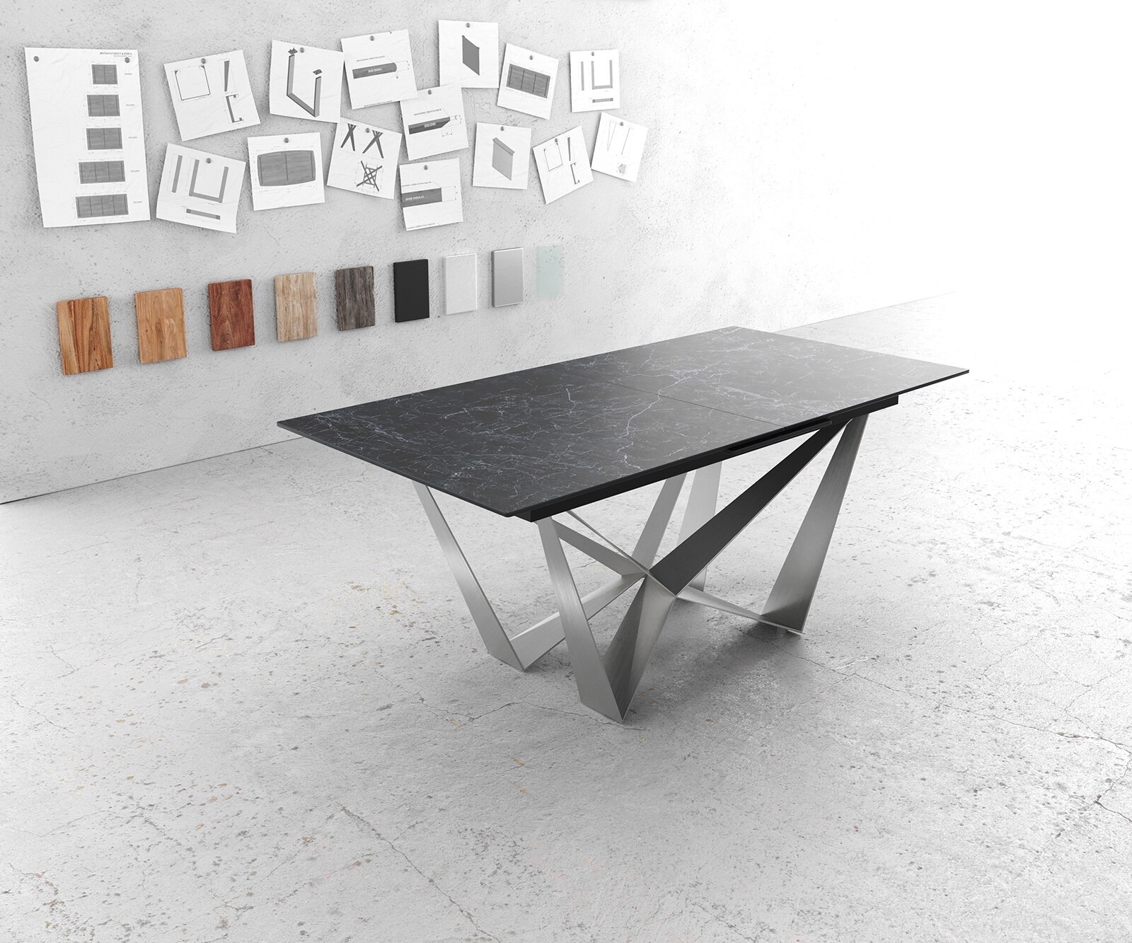 Eettafel Edge 180-220x90cm Laminam® keramiek grijs middenpoot vlak staal zilver 1