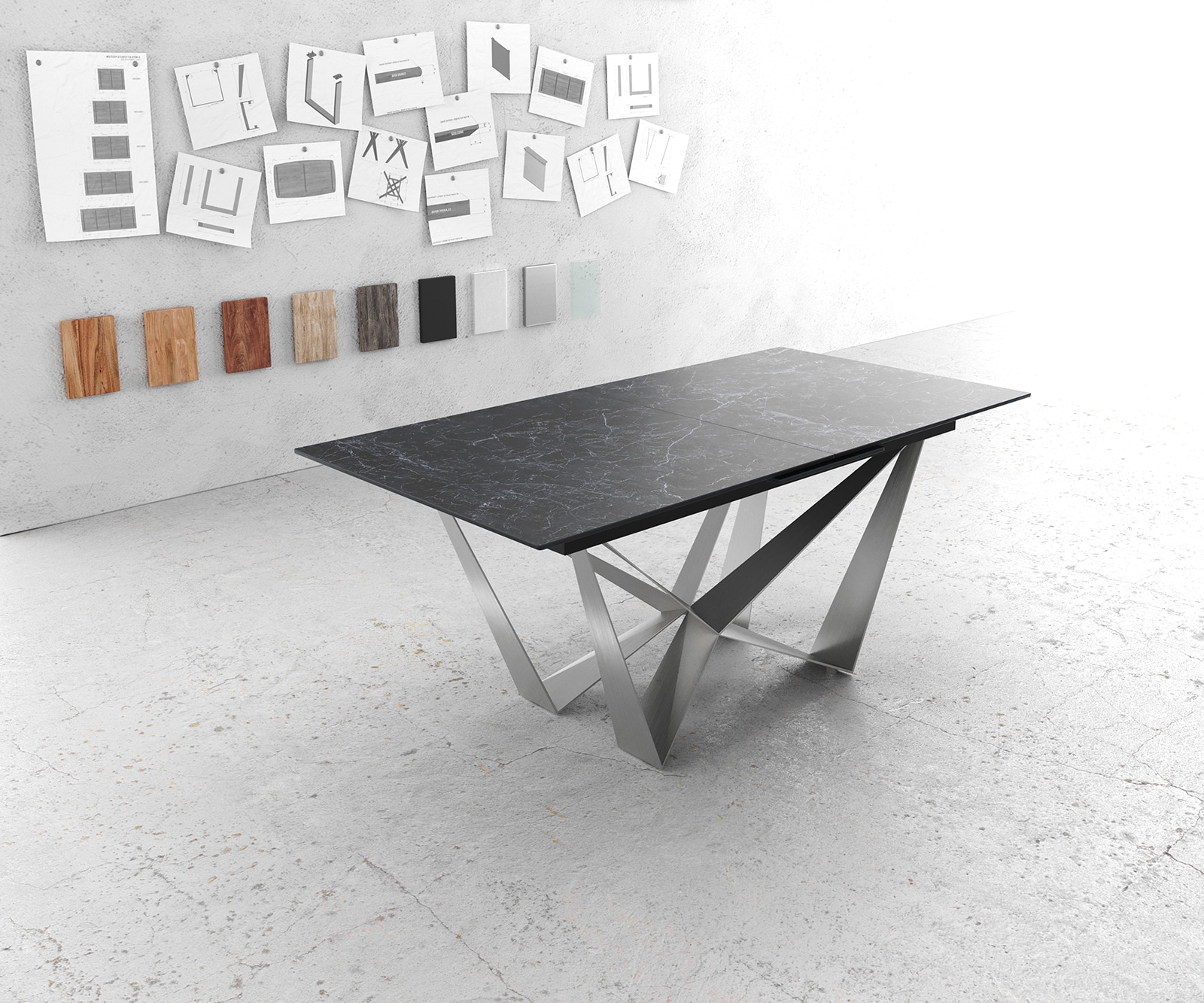Eettafel Edge 180-220x90cm Laminam® keramiek grijs middenpoot vlak staal zilver 1 Eettafel Edge 180-220x90cm Laminam® keramiek grijs middenpoot vlak staal zilver 1
