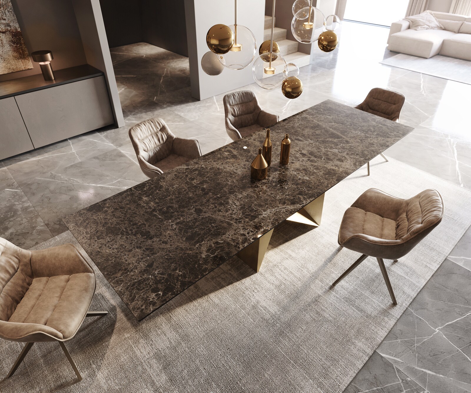 Eettafel Edge 300x100 keramiek  Laminam® Emperador Extra Lucidato donkerbruin Origami metaal goud 3