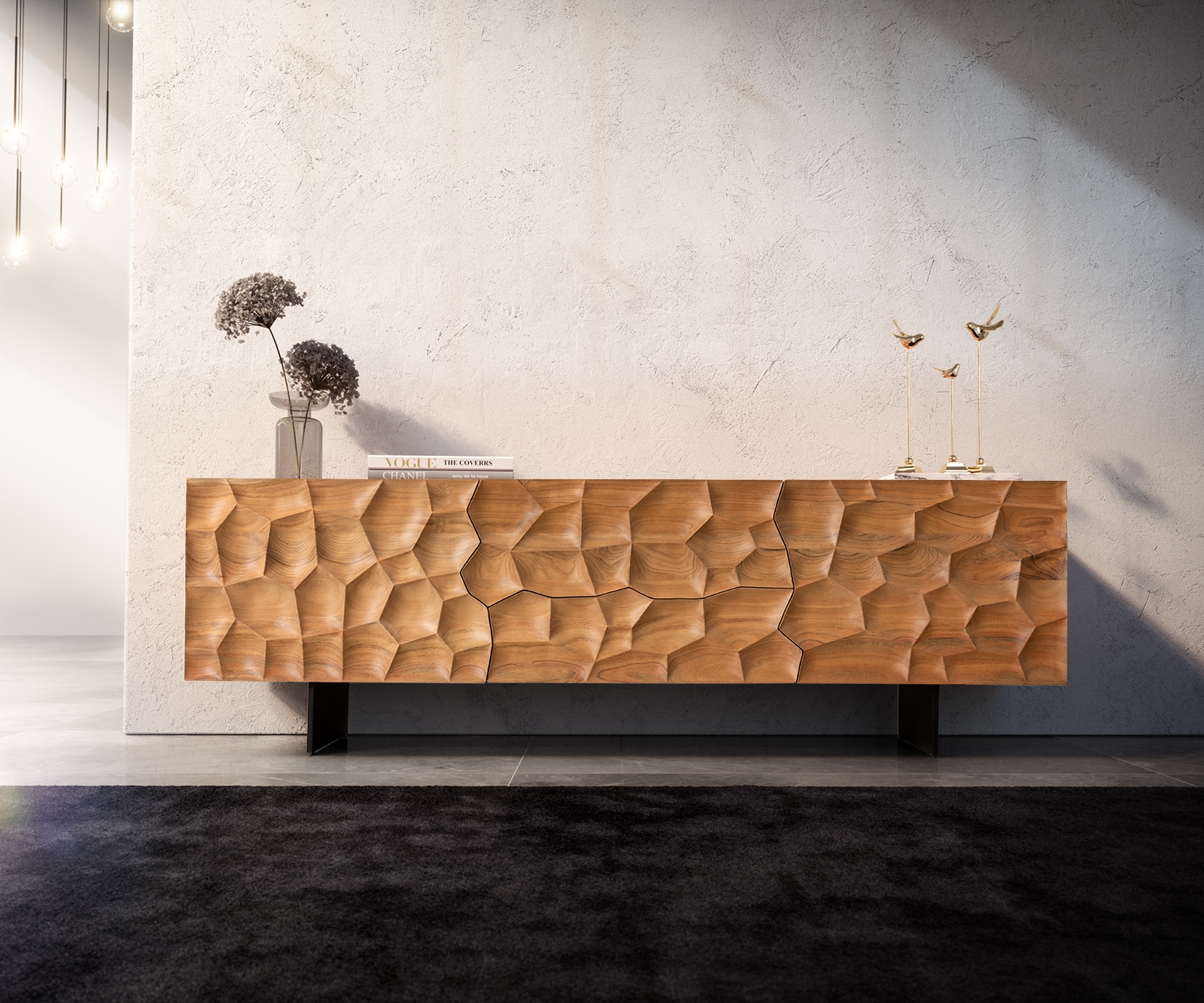 Tv-meubel Solu 175 cm acacia natuur 2 deuren 2 laden onderstel zwevend metaal zwart 3D-front 1 Tv-meubel Solu 175 cm acacia natuur 2 deuren 2 laden onderstel zwevend metaal zwart 3D-front 1