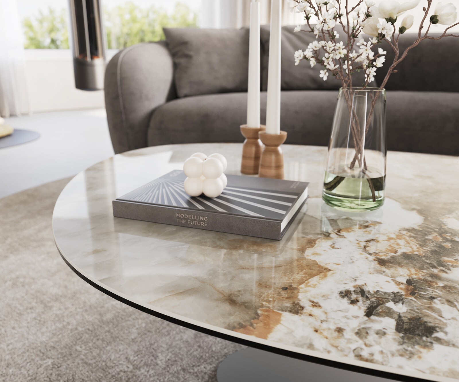 Salontafel Edge Oval 140x75 cm keramiek Minas Melange Vibany Metall effectafwerking titaan 6