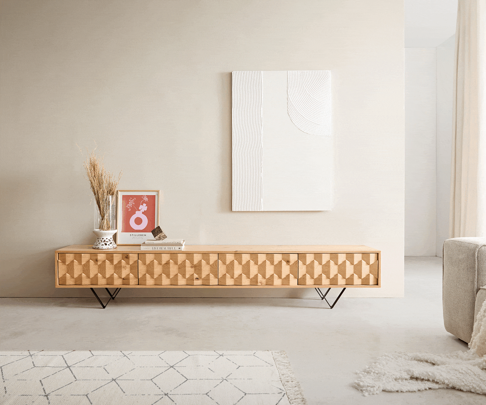 Tv-meubel Fevo 220 cm natuur eiken 4 deuren V-poot metaal zwart 2 Tv-meubel Fevo 220 cm natuur eiken 4 deuren V-poot metaal zwart 2