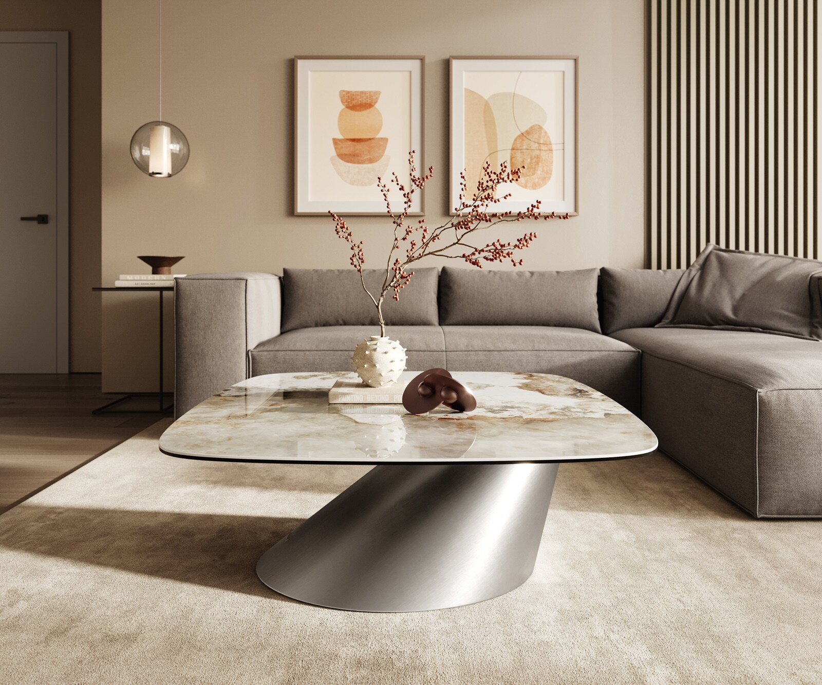 Salontafel Edge Boot 90x90 cm keramiek Minas Melange Conis geborsteld roestvrij staal 2