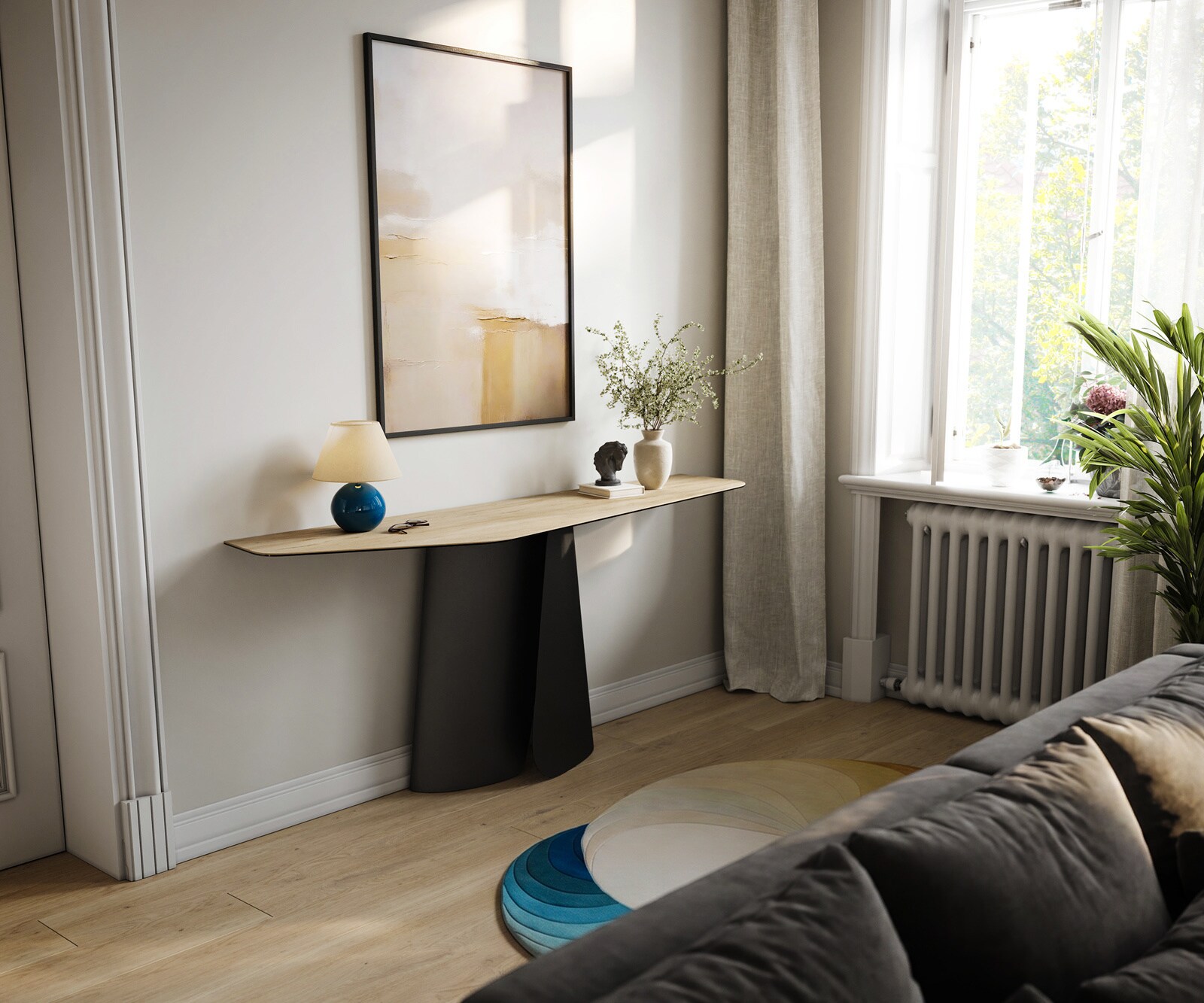 Consoletafel Edge Polygonaal 180x50 cm Keramiek Laminam® Sabbia Eichefarbig Livos Metaal Zwart 7