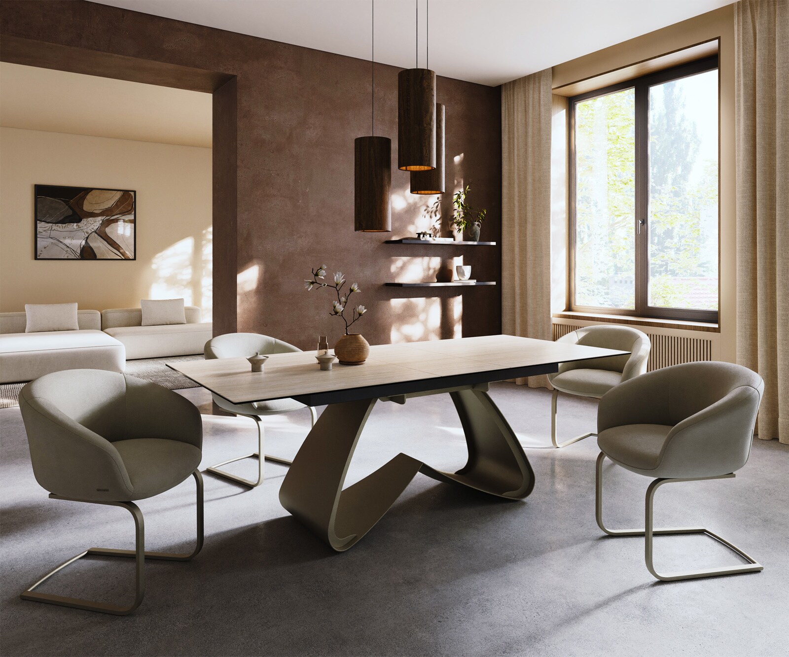 Eettafel Edge 180-220x90 keramiek  Laminam® Travertino Bianco Creme-wit W-frame effectafwerking Titan uitrekbaar 6