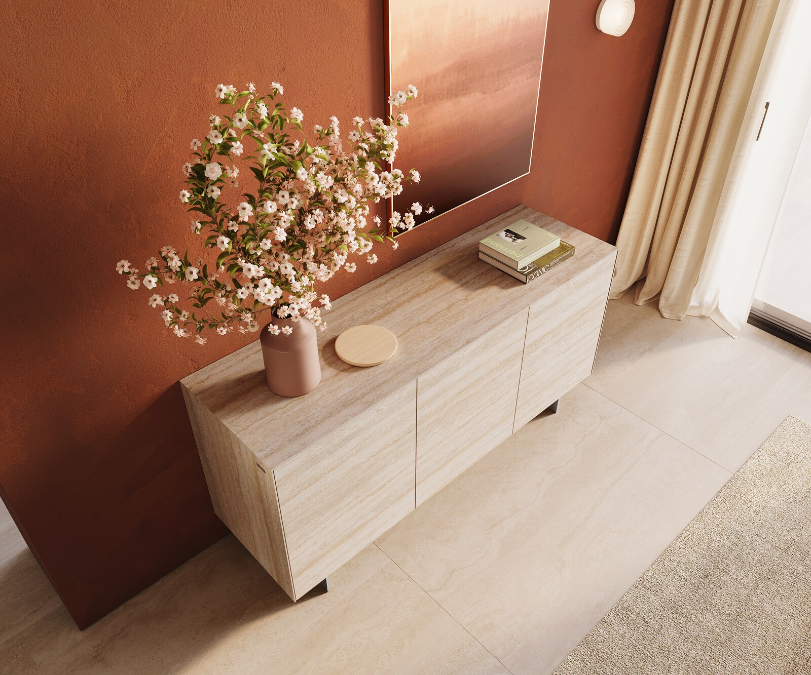 Dressoir Cuor 150 cm Keramiek Laminam® Travertino Bianco Crème-wit 3 Deuren Zwevende voet look Roestvrij staal 4