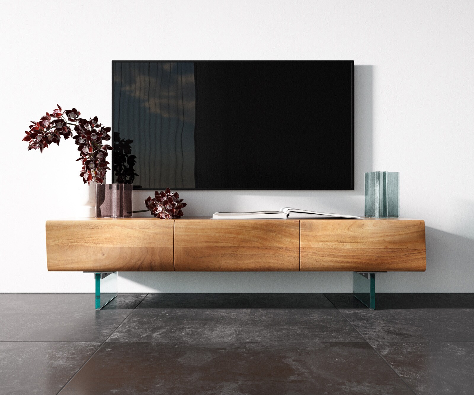TV-meubel New Live-Edge 145 cm Akazie natuur 3 deuren glazen poot 3