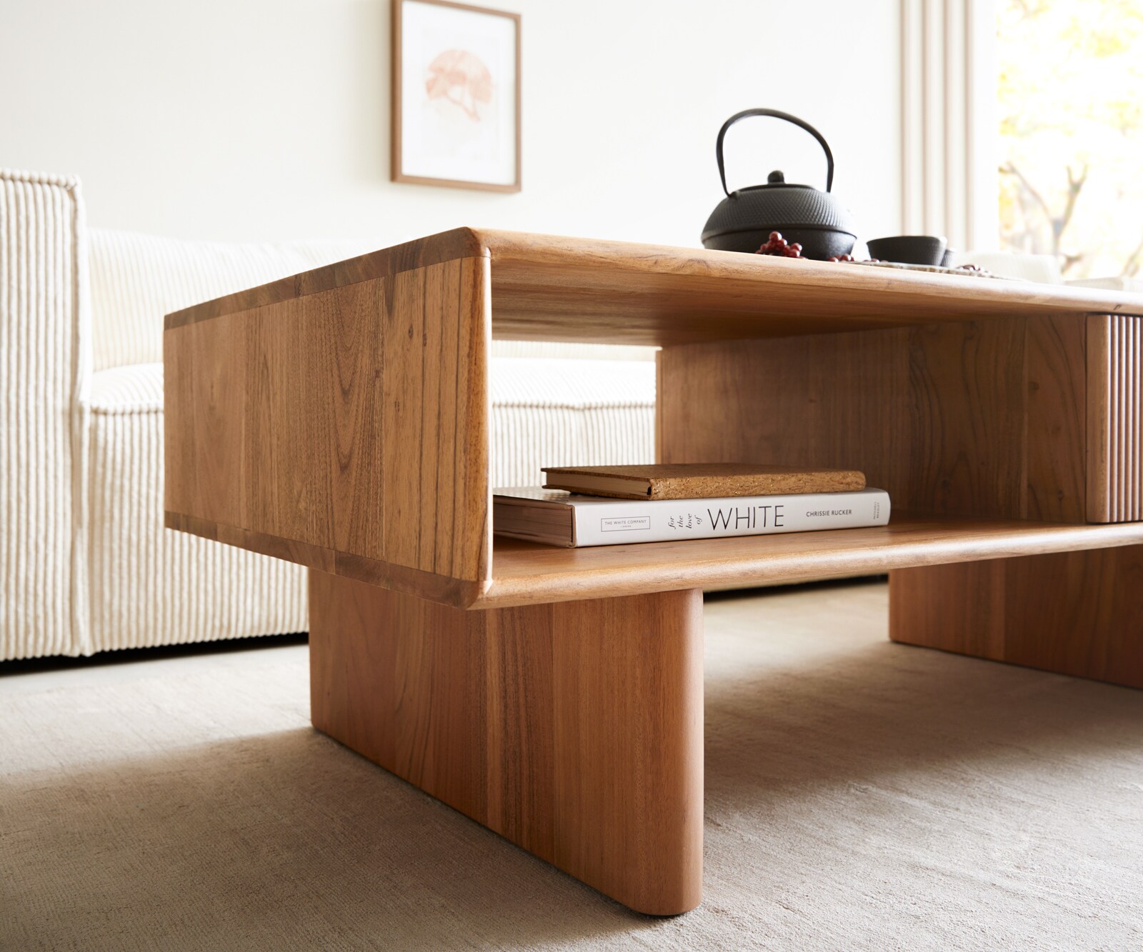 Salontafel Surimu 115x60 cm acacia lichtbruin 2 laden kurkgreep houten poten 4