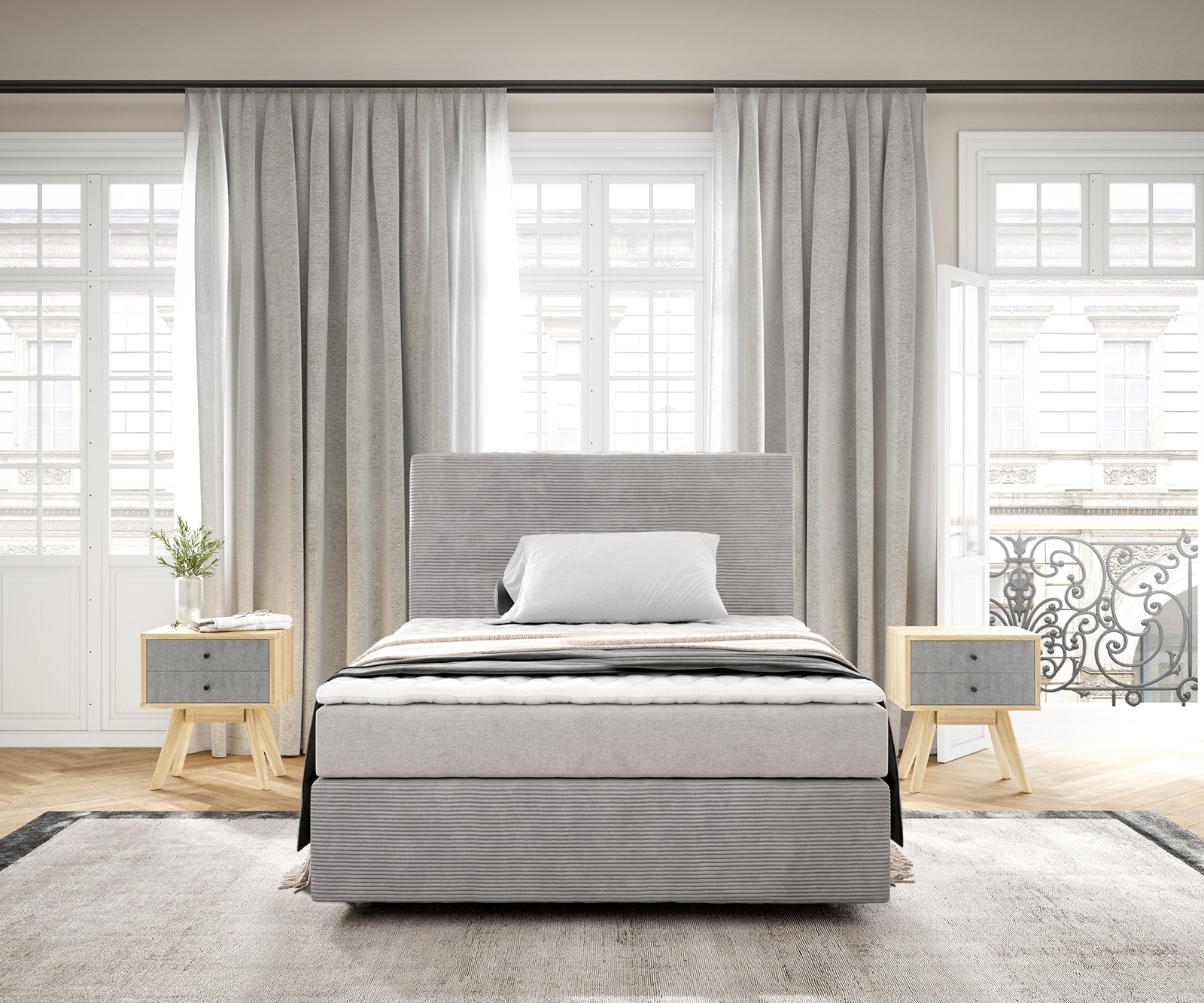 Boxspringbed Dream-Well 120x200 cm Cord Zilvergrijs met Matras en Topper 1 Boxspringbed Dream-Well 120x200 cm Cord Zilvergrijs met Matras en Topper 1
