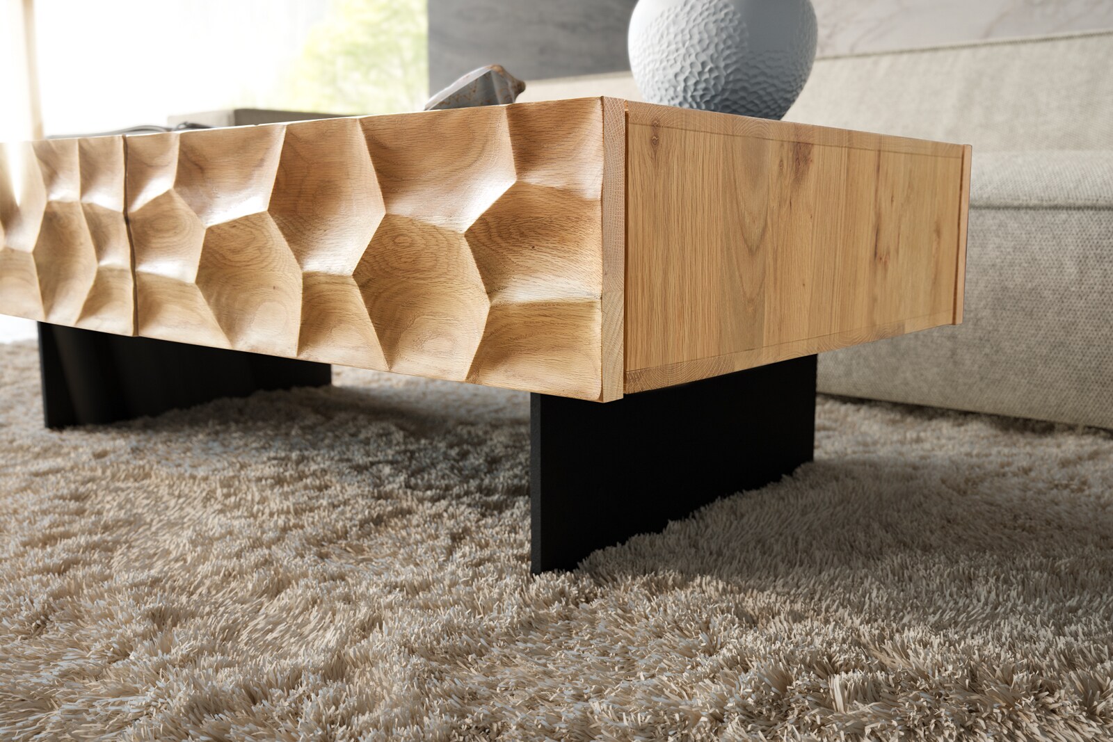 Salontafel Solu 120 cm natuur eiken 4 Lades poot zwevend metaal zwart 3D Front 4