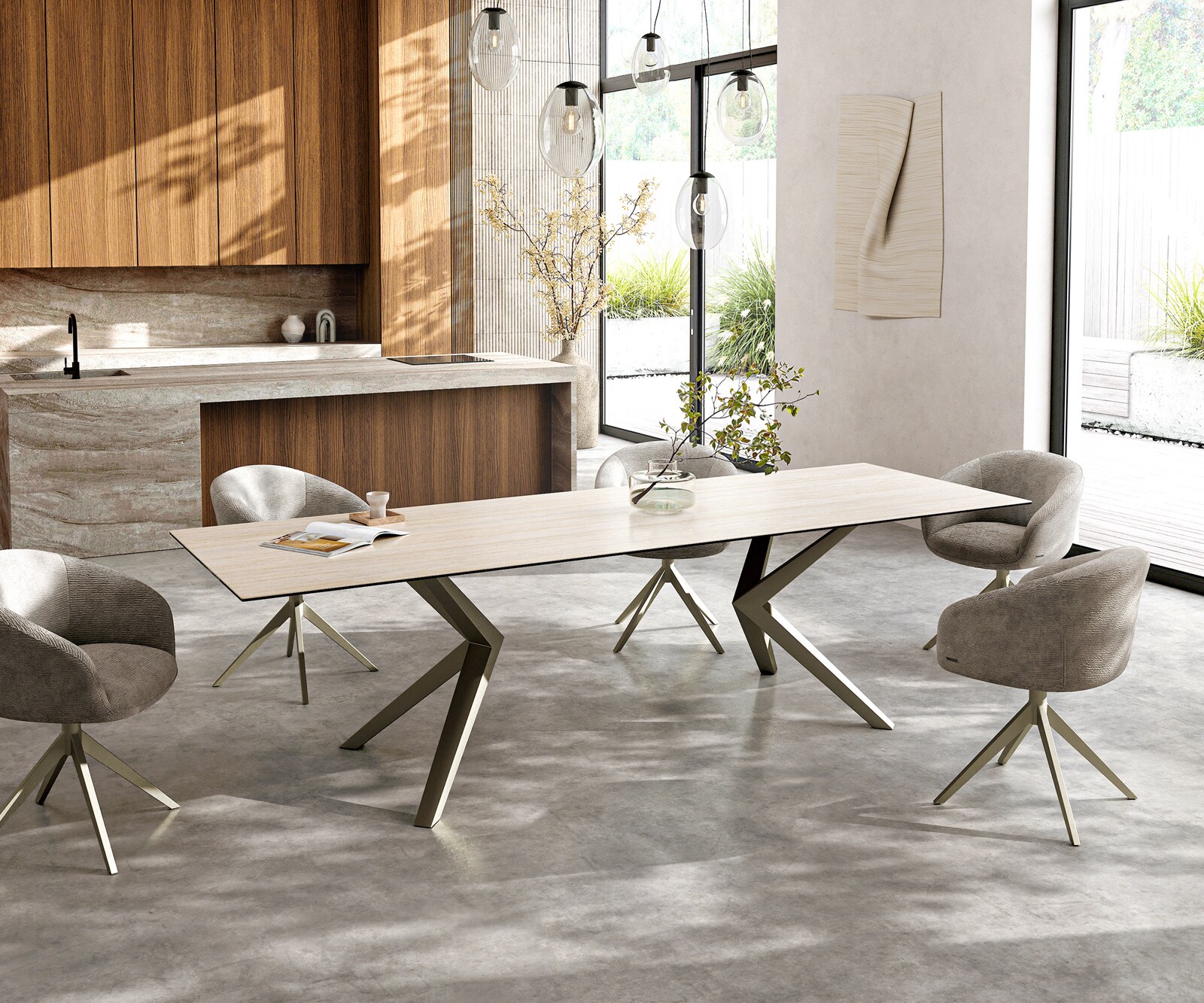 Eettafel Edge 300x100 keramiek  Laminam® Travertino Bianco Creme-wit Zenthara kantig metaal effectafwerking Titan 7
