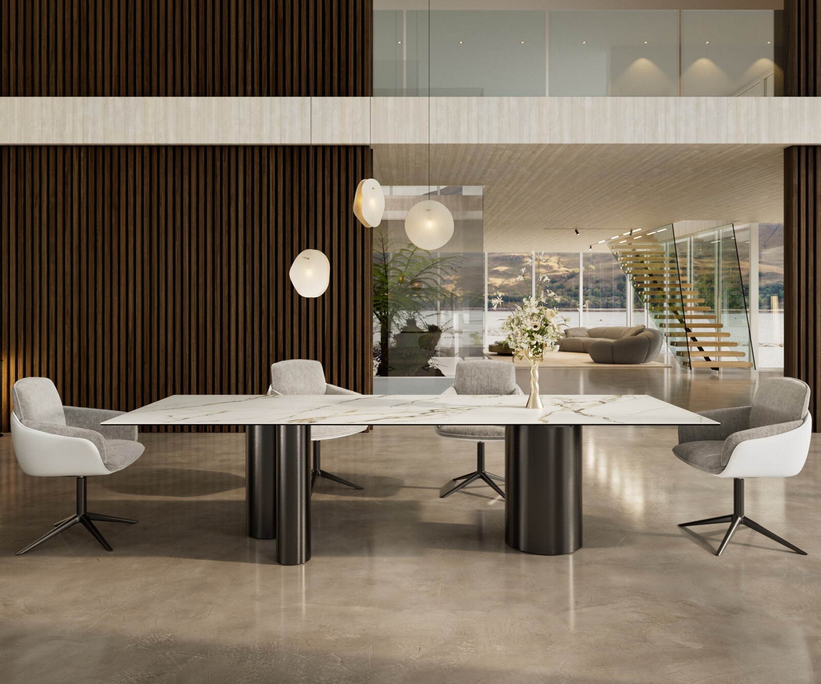 Eetkamertafel Edge 300x100 keramiek Calacatta Luxe wit-Gold-grijs Troa roestvrij staal grafiet