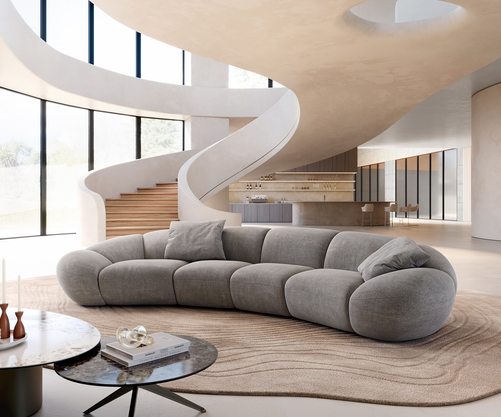 Big sofa Lunna 360x175 cm vlakgeweven grijs 2 kussens 1 Big sofa Lunna 360x175 cm vlakgeweven grijs 2 kussens 1