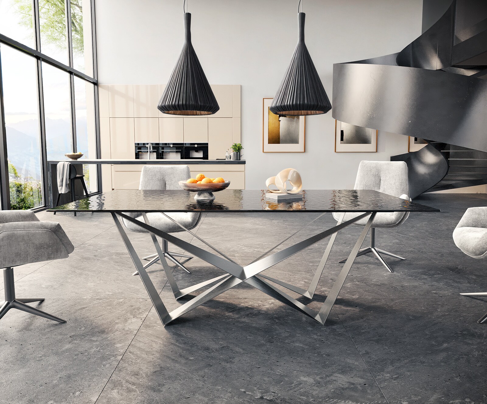 Eetkamertafel Edge 200x100 Glas smelten rokerig zwart 3D-Relief spider vlak staal RVS 1