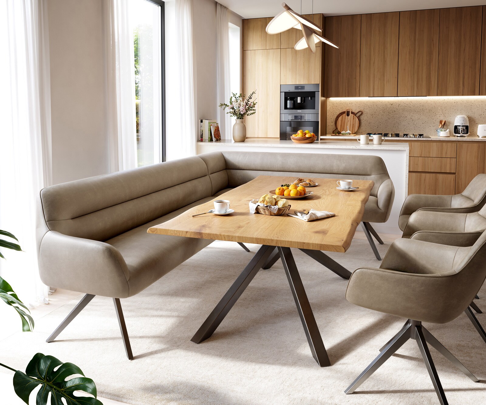 Eetkamerbank Taya-Flex 285x190 cm microvelours beige vintage hoekig kruisframe grafiet pocketvering links 1