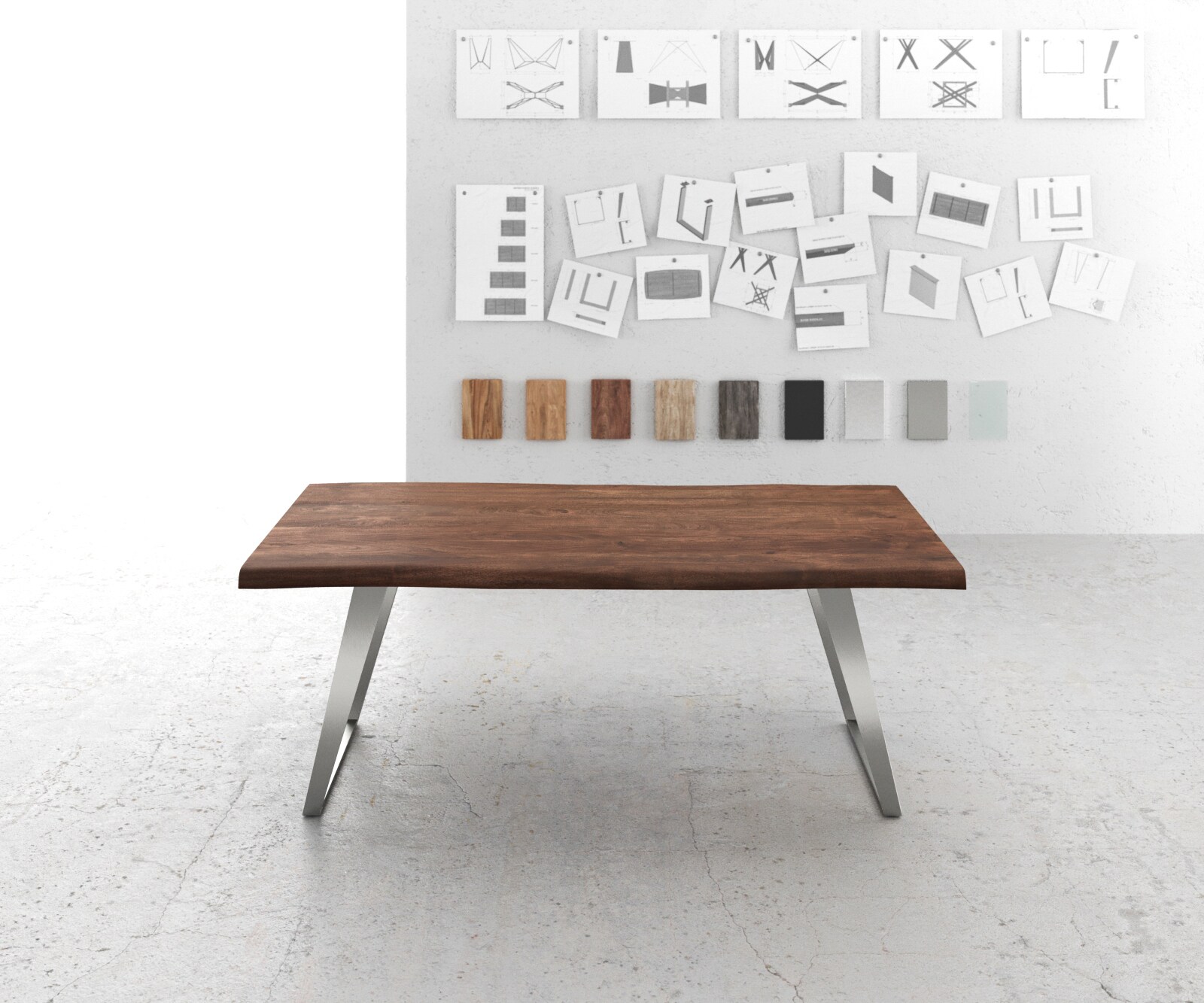 Eettafel Edge 200x100 XL acacia bruin roestvrijstaal schuin Live-Edge 1 Eettafel Edge 200x100 XL acacia bruin roestvrijstaal schuin Live-Edge 1