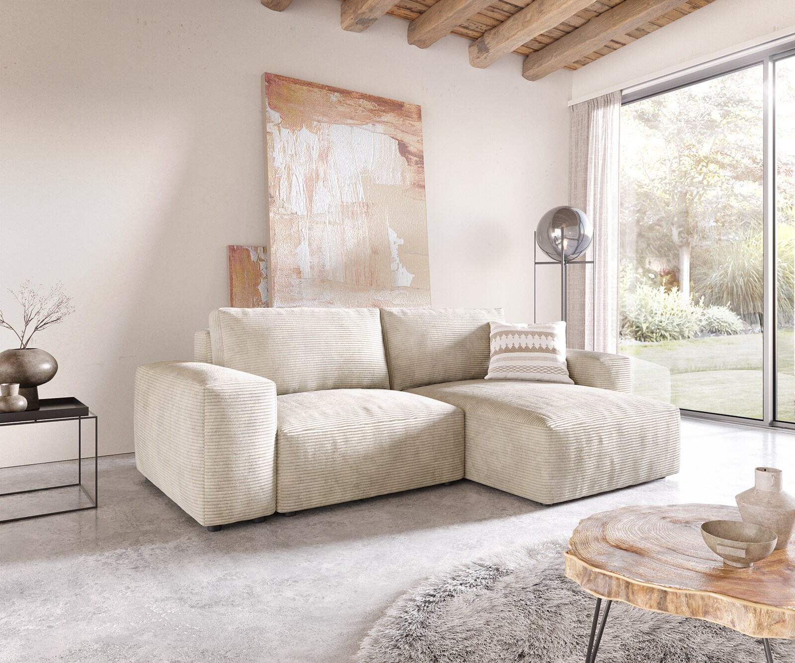 Hoeksofa Lanzo 230x155 cm ribcord beige met variabele recamière