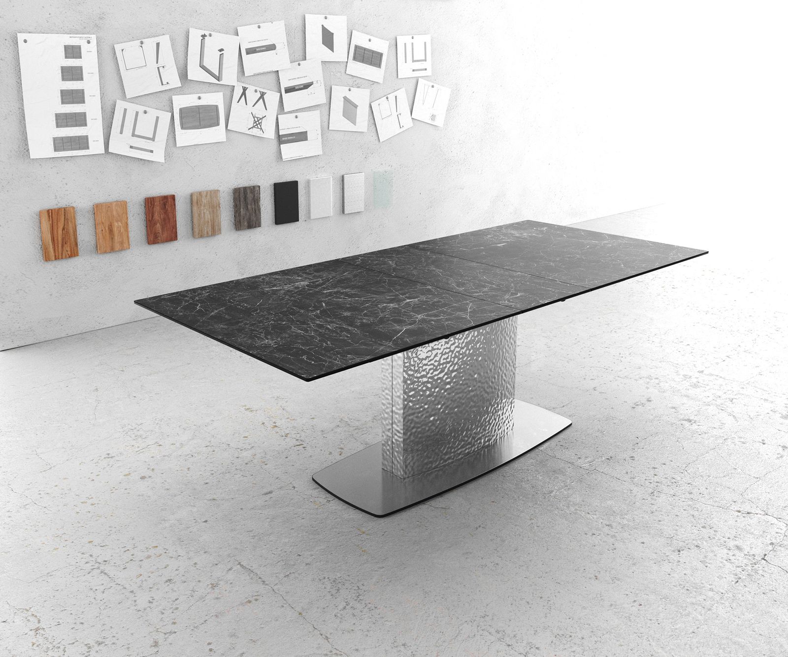 Eetkamertafel Edge 180-220x100 keramiek Laminam®Nero Greco grijs Wave RVS uitschuifbaar