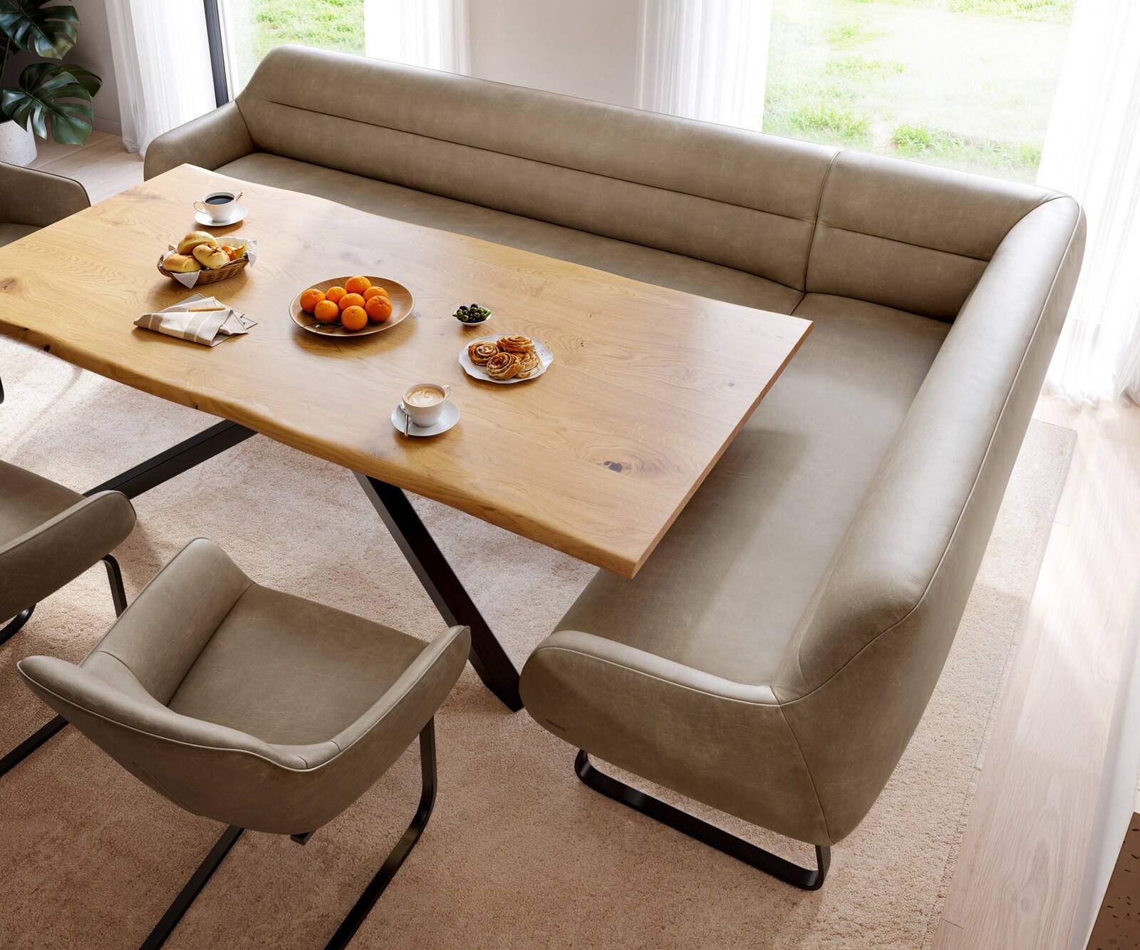 Eetkamerbank Taya-Flex 285x190 cm microvelours beige vintage platte sledebasis zwart pocketvering links 4