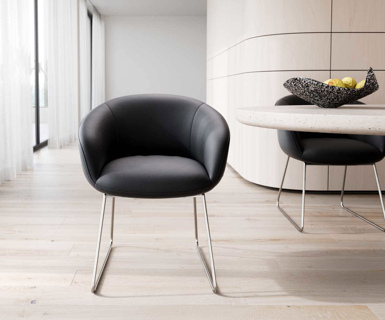 Eetkamerstoel Vinka-Flex met armleuning echt leer zwart slipframe roestvrij staal pocketveer kern 1 Eetkamerstoel Vinka-Flex met armleuning echt leer zwart slipframe roestvrij staal pocketveer kern 1