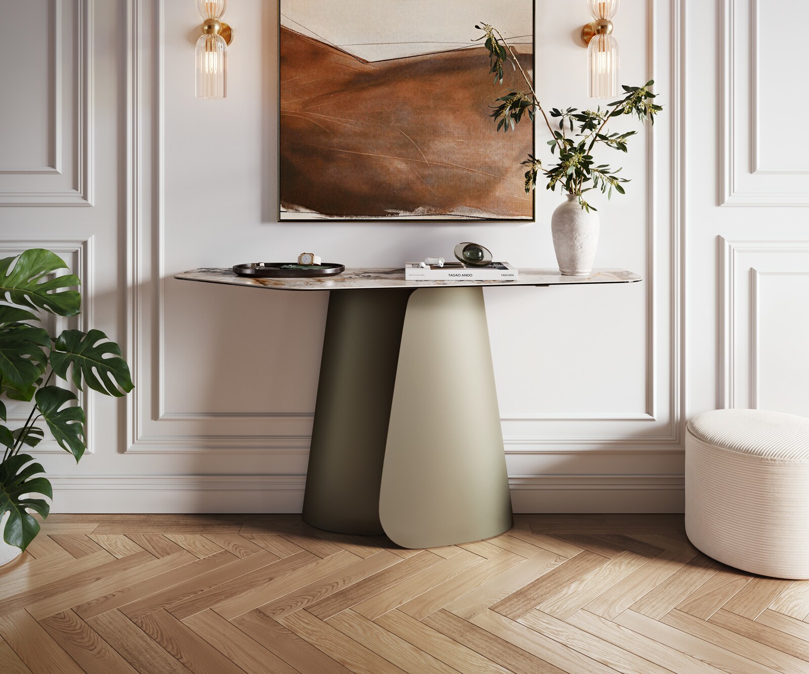 Consoletafel Edge Polygonaal 140x50 cm Keramiek Patagonia Poliert Livos Metaal Effektfinish Titan 4