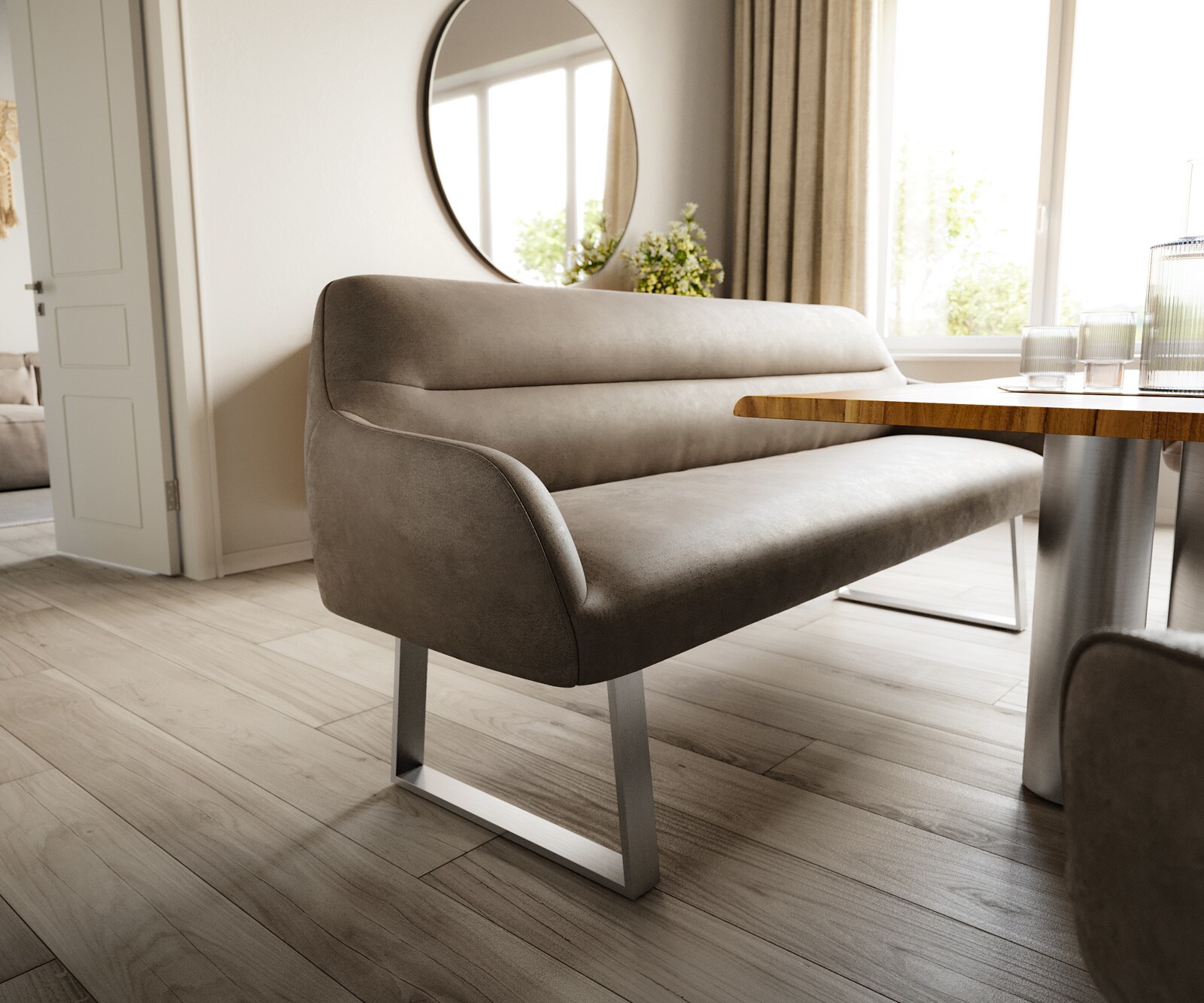 Eetkamerbank Taya-Flex 200 cm microvelours taupe vintage gekant sledeframe roestvrij staal pocketvering 4