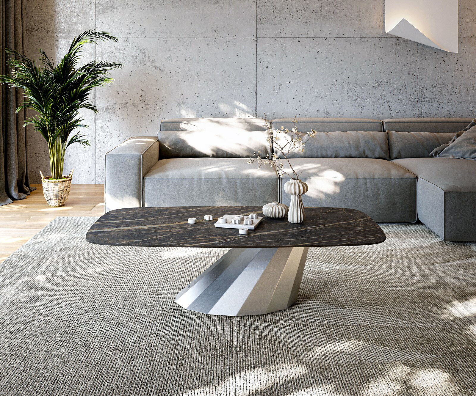 Salontafel Edge Boot 140x80 cm keramiek Laminam® Noir Desir bruin Parabi geborsteld roestvrij staal