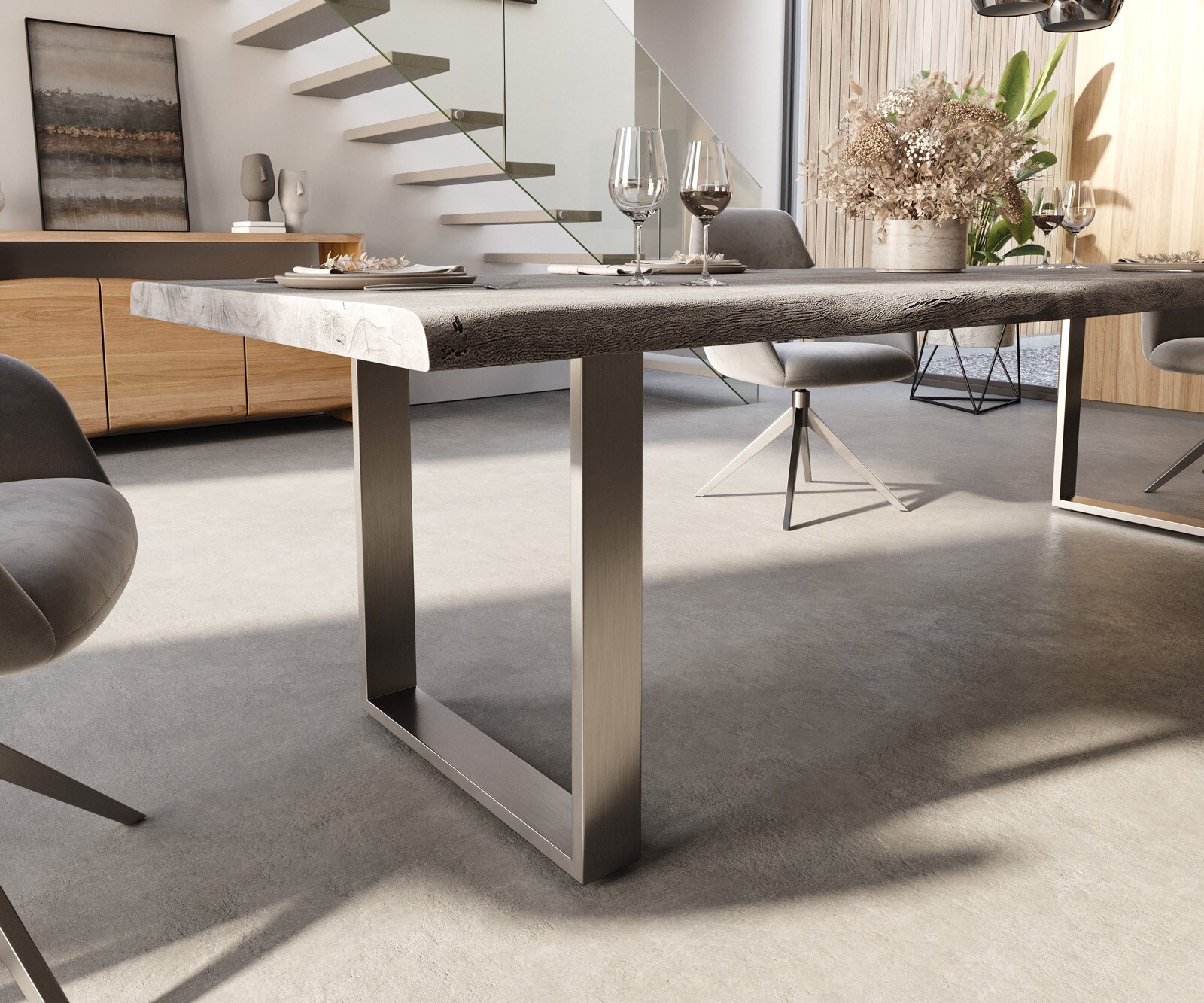 Eettafel Edge 300x100 XL acacia platina roestvrijstaal smal Live-Edge 5