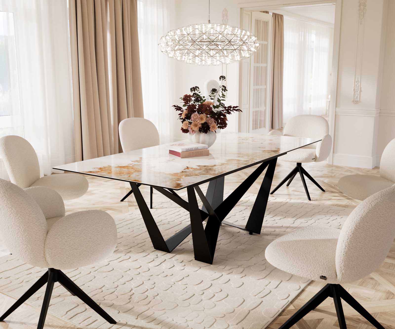 Eetkamertafel Edge 180-220x100 keramiek Minas Melange wit-beige spider vlak staal zwart uitschuifbaar 9