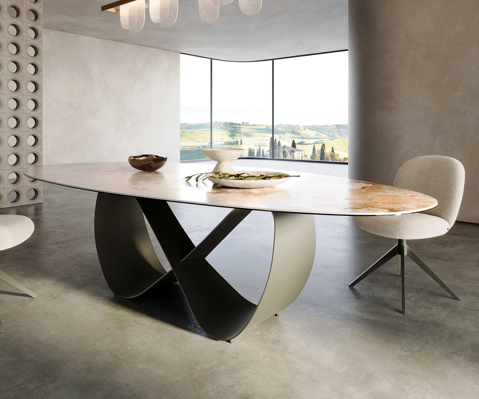 Eettafel Edge ovaal 280x130 keramiek Minas Melange wit-beige Infinity metaaleffect afwerking titanium 5
