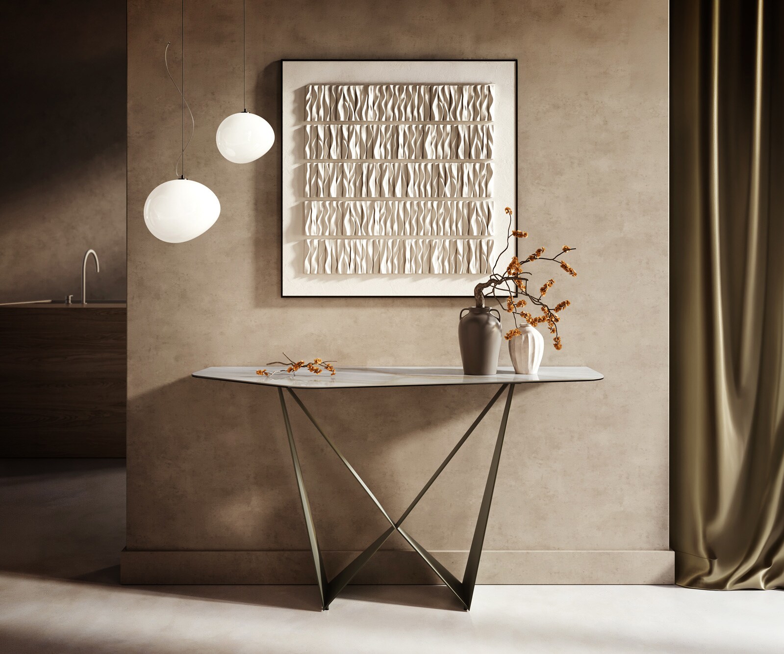 Consoletafel Edge Polygonaal 140x50 cm Keramiek Onyx Pearl Spios Metaal Effektfinish Titan 1