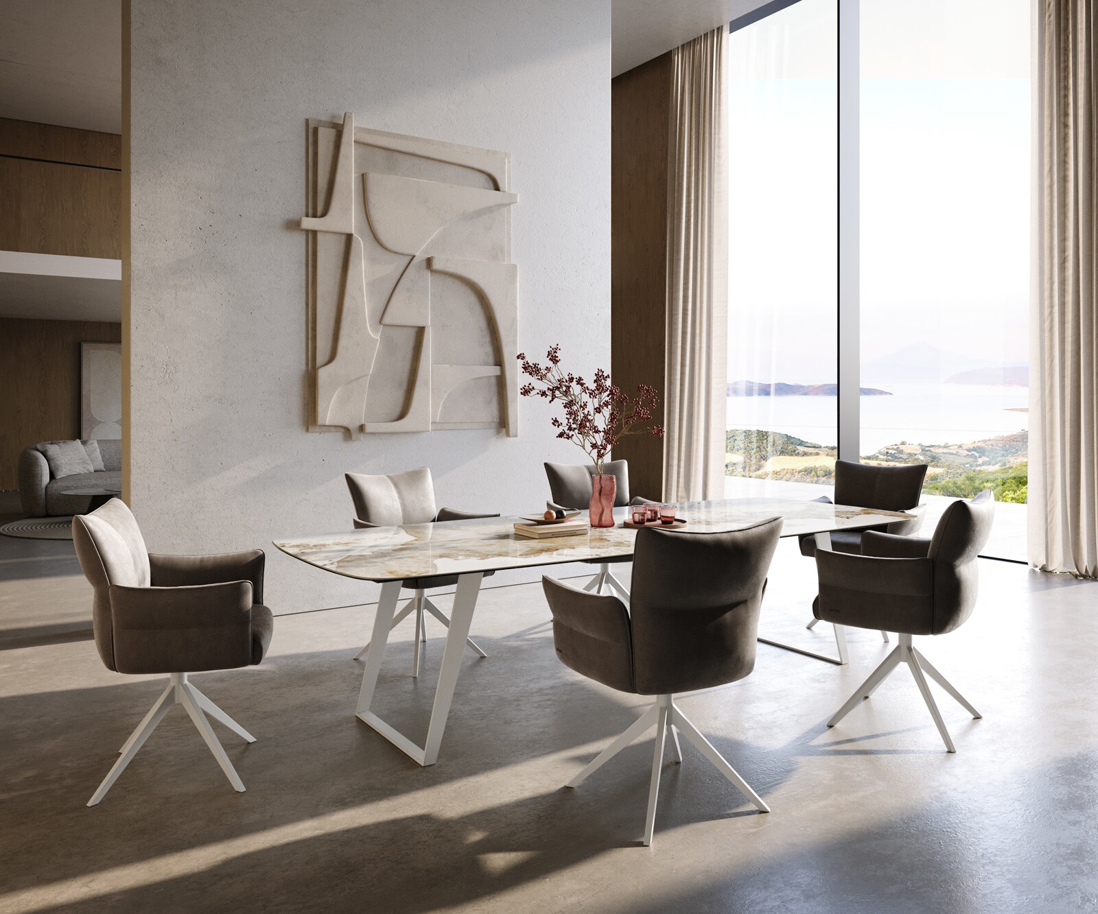 Eettafel Edge Boot 300x120 cm Keramiek Minas Melange Wit-Beige Metaal Schräg Wit 6