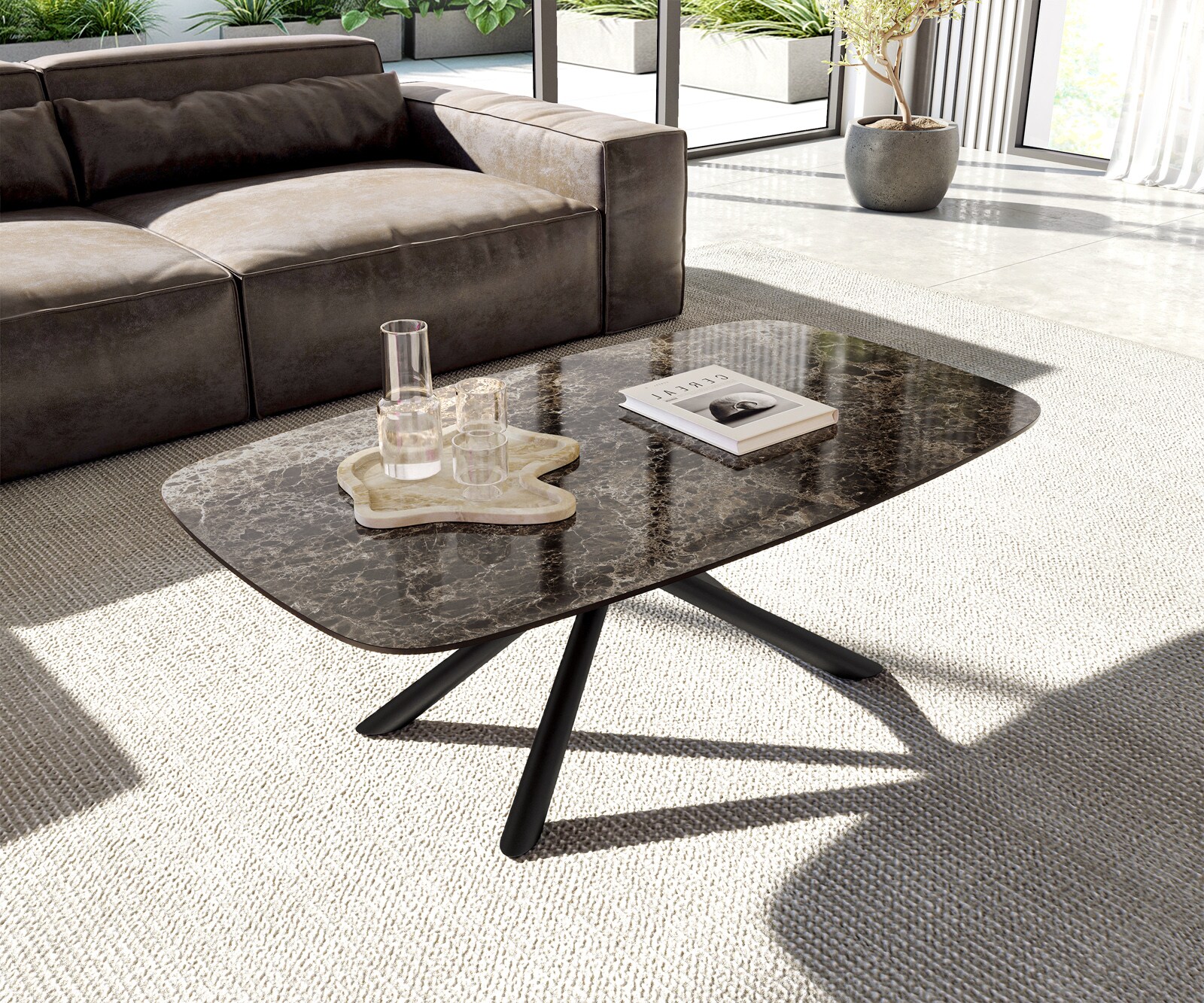 Salontafel Edge Boot 120x70 cm keramiek Laminam® Emperador Extra Lucidato donkerbruin Sarity zwart metaal 1