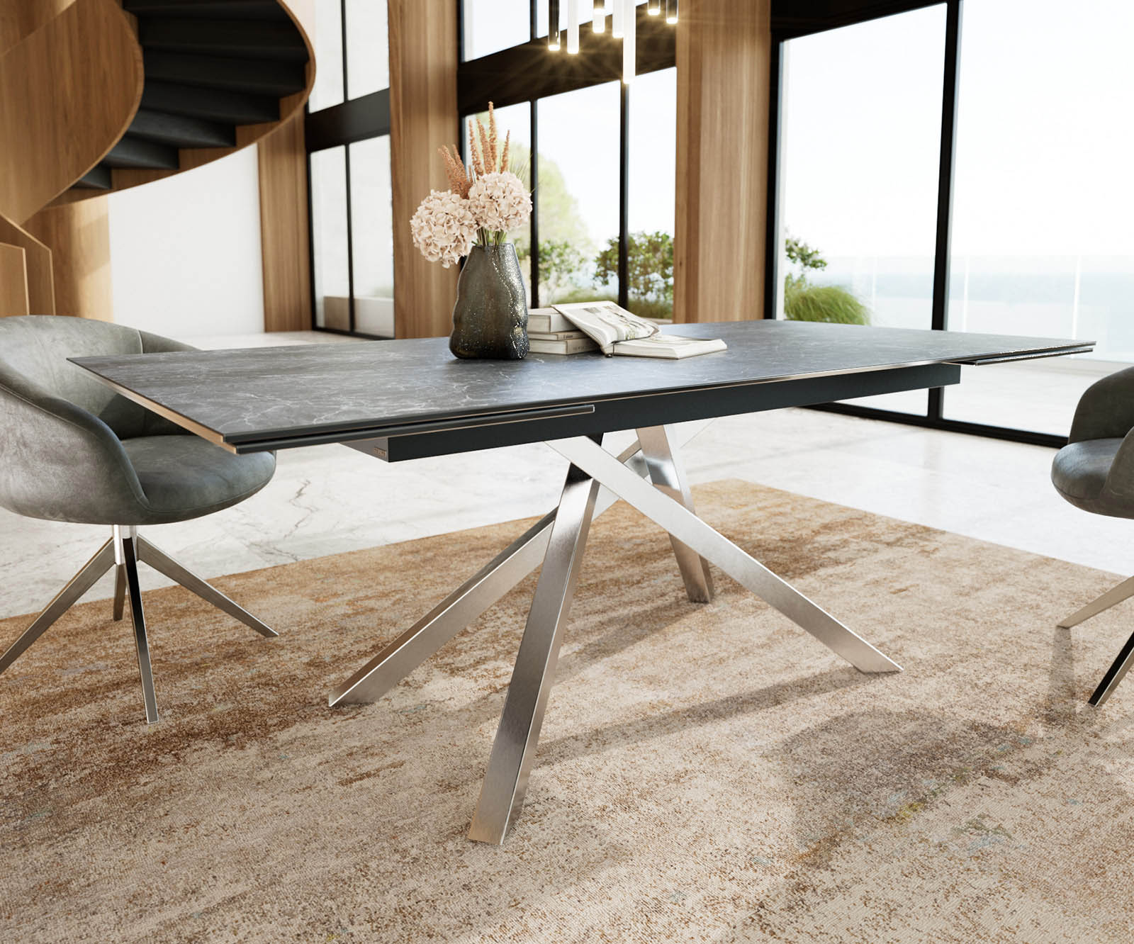 Eetkamertafel Edge 200-300x100 keramiek Laminam®Nero Greco grijs kruisframe rechthoek RVS uitschuifbaar 4 Eetkamertafel Edge 200-300x100 keramiek Laminam®Nero Greco grijs kruisframe rechthoek RVS uitschuifbaar 4