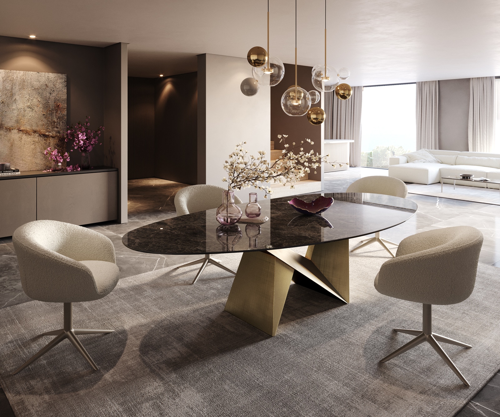 Eettafel Edge Oval 280x130 keramiek  Laminam® Emperador Extra Lucidato donkerbruin Origami metaal goud 7