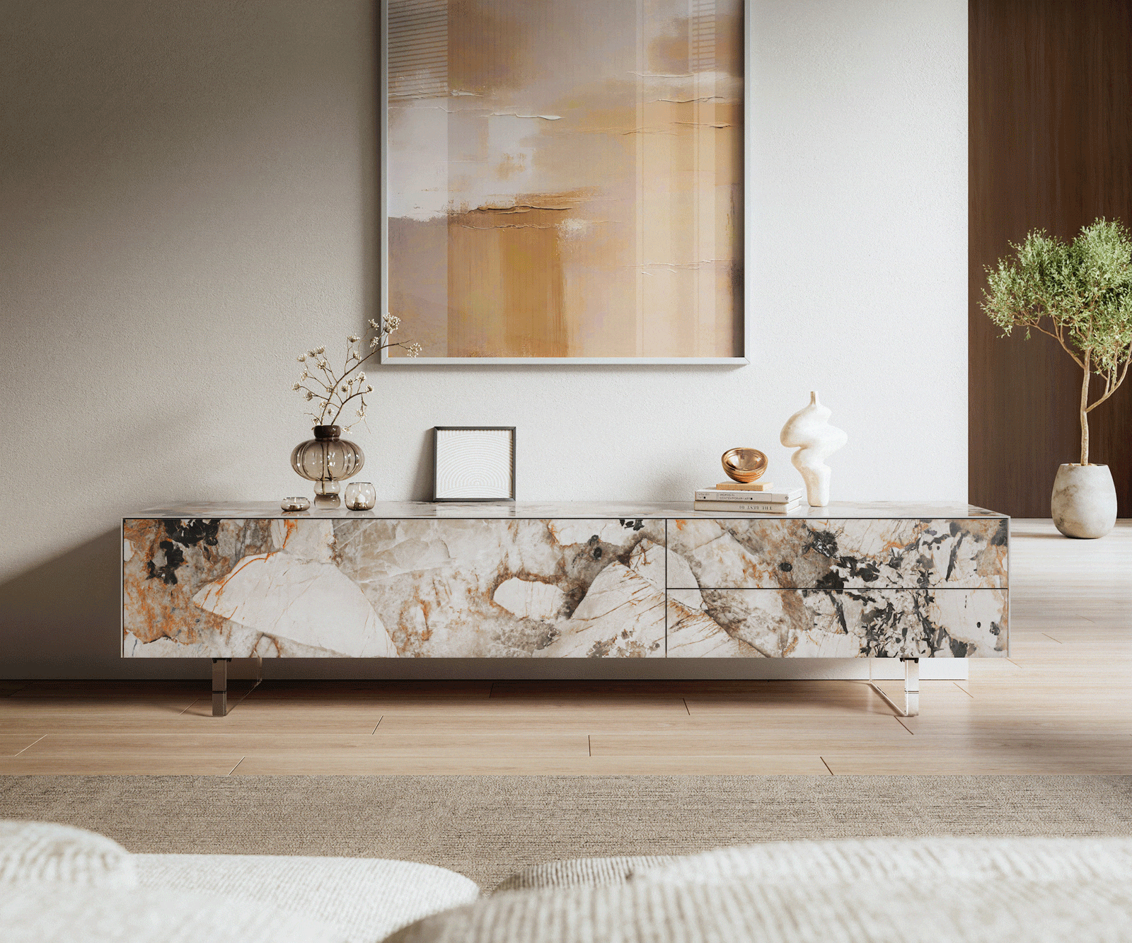 Tv-meubel Cuor 220 cm Keramiek Patagonia gepolijst 1 Flap 2 Laden Zwevende voet look Acrylglas 2