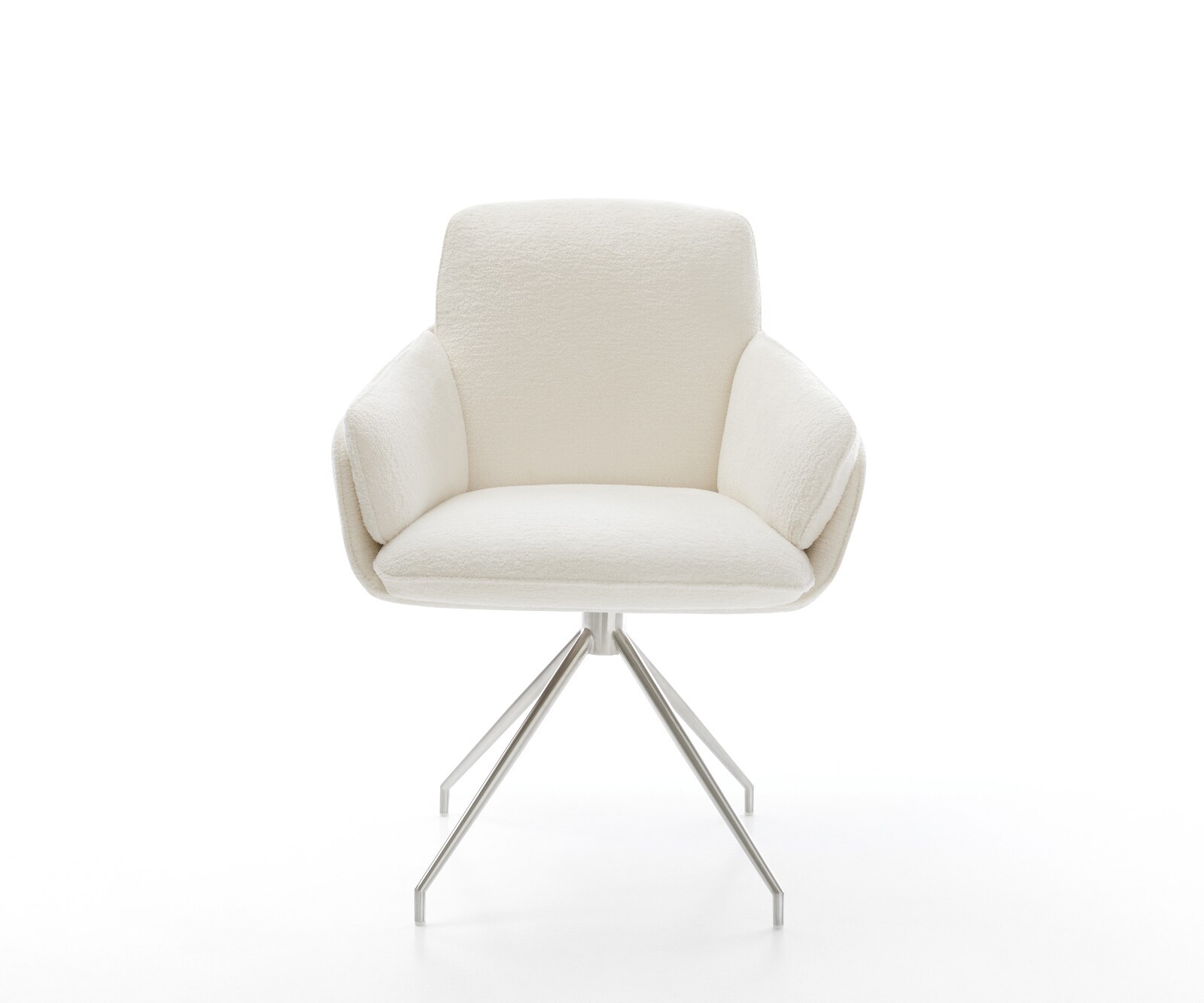 Eetkamerstoel Luan-Flex met armleuning bouclé zacht beige kruisframe conisch roestvrij staal 1