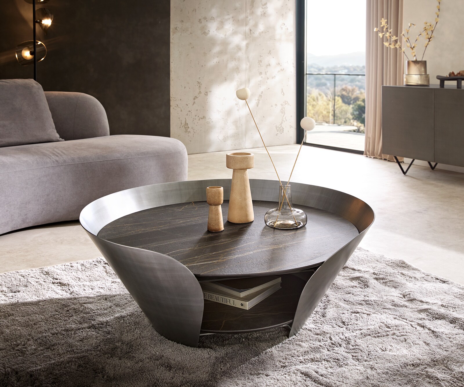 Salontafel Skafi 100x40 cm Keramisch Laminam® Noir Desir Bruin metaal zilver