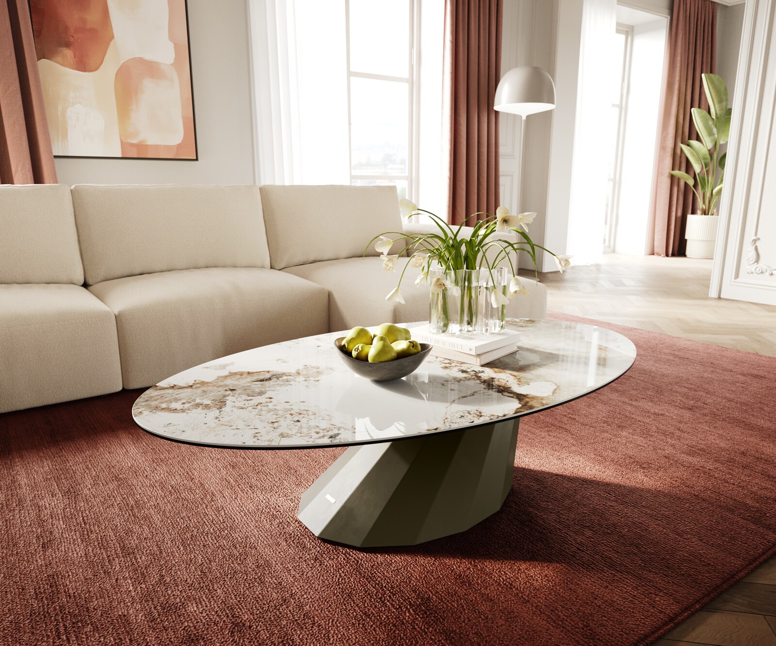 Salontafel Edge Oval 140x80 cm keramiek Minas Melange Parabi Metall effectafwerking titaan