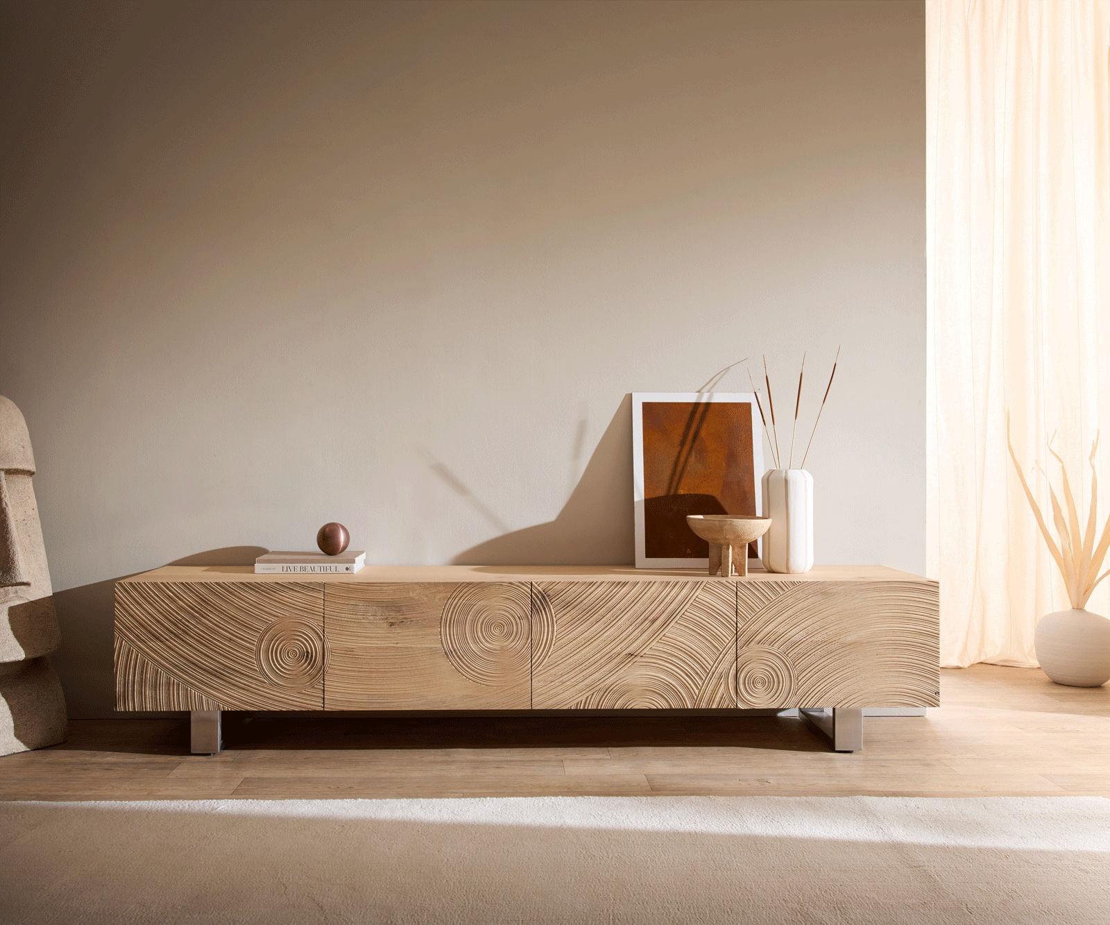 TV-meubel Ashara 220 cm eiken natuur 3D-effect 4 deuren sledepoten geborsteld RVS 4