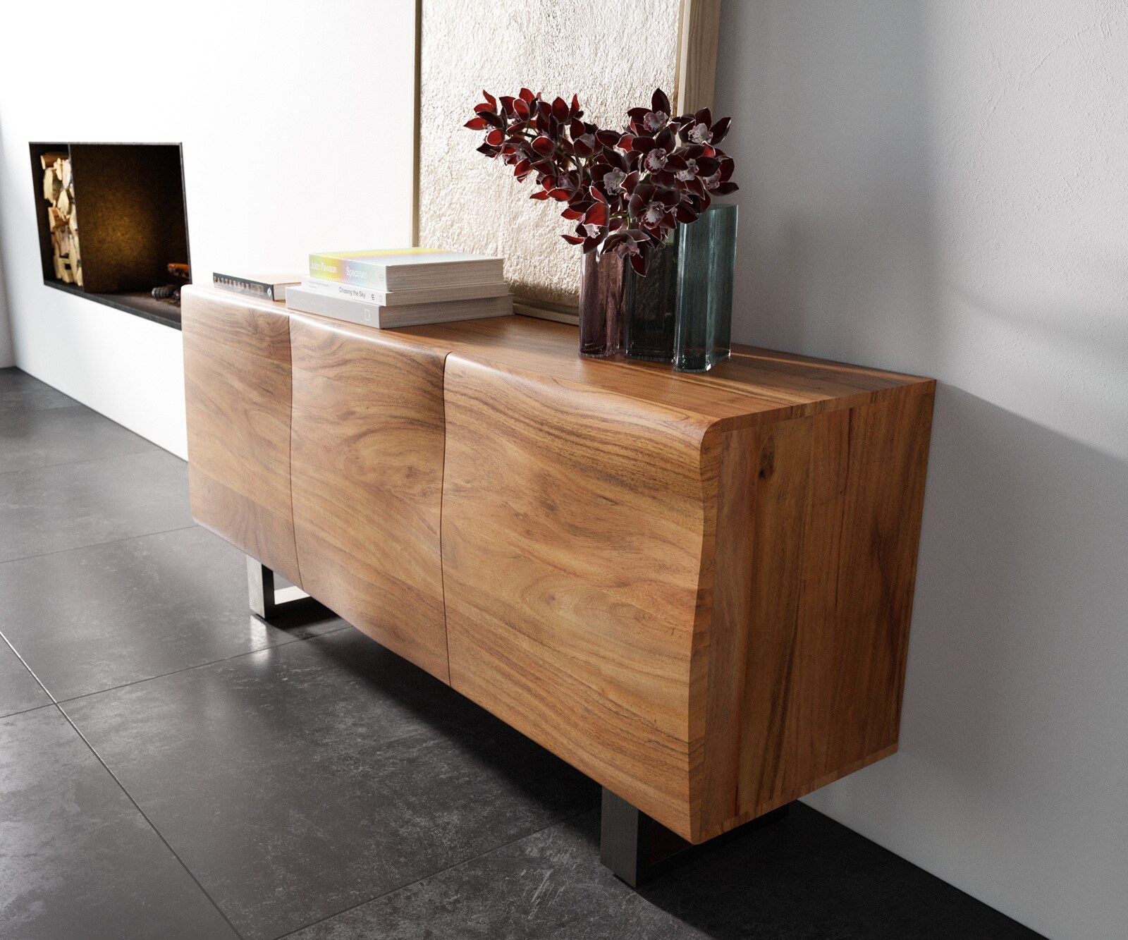 Dressoir New Live-Edge 145 cm acacia natuur 3 deuren sledepoot RVS geborsteld 1