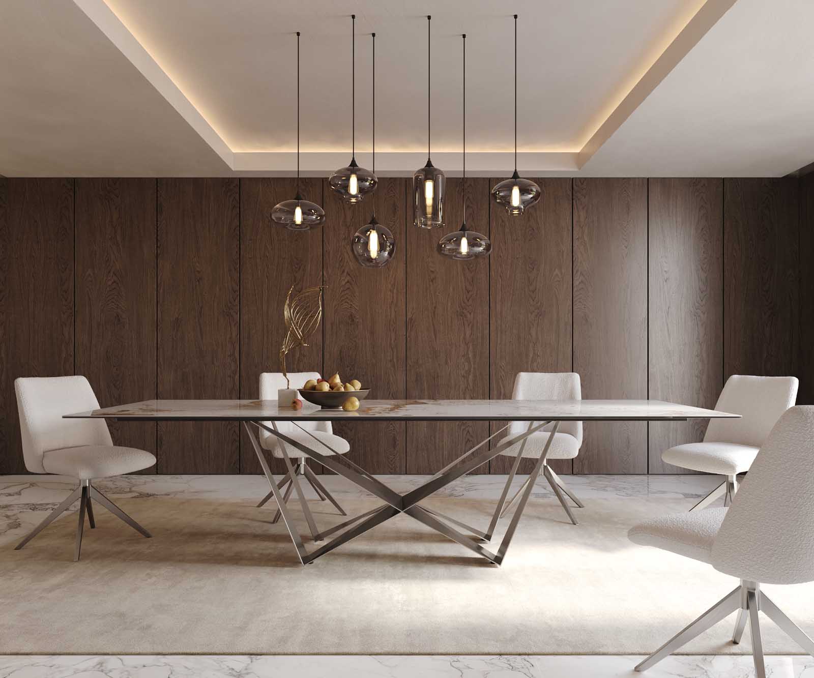 Eetkamertafel Edge 300x100 keramiek Minas Melange wit-beige spider vlak staal RVS 2