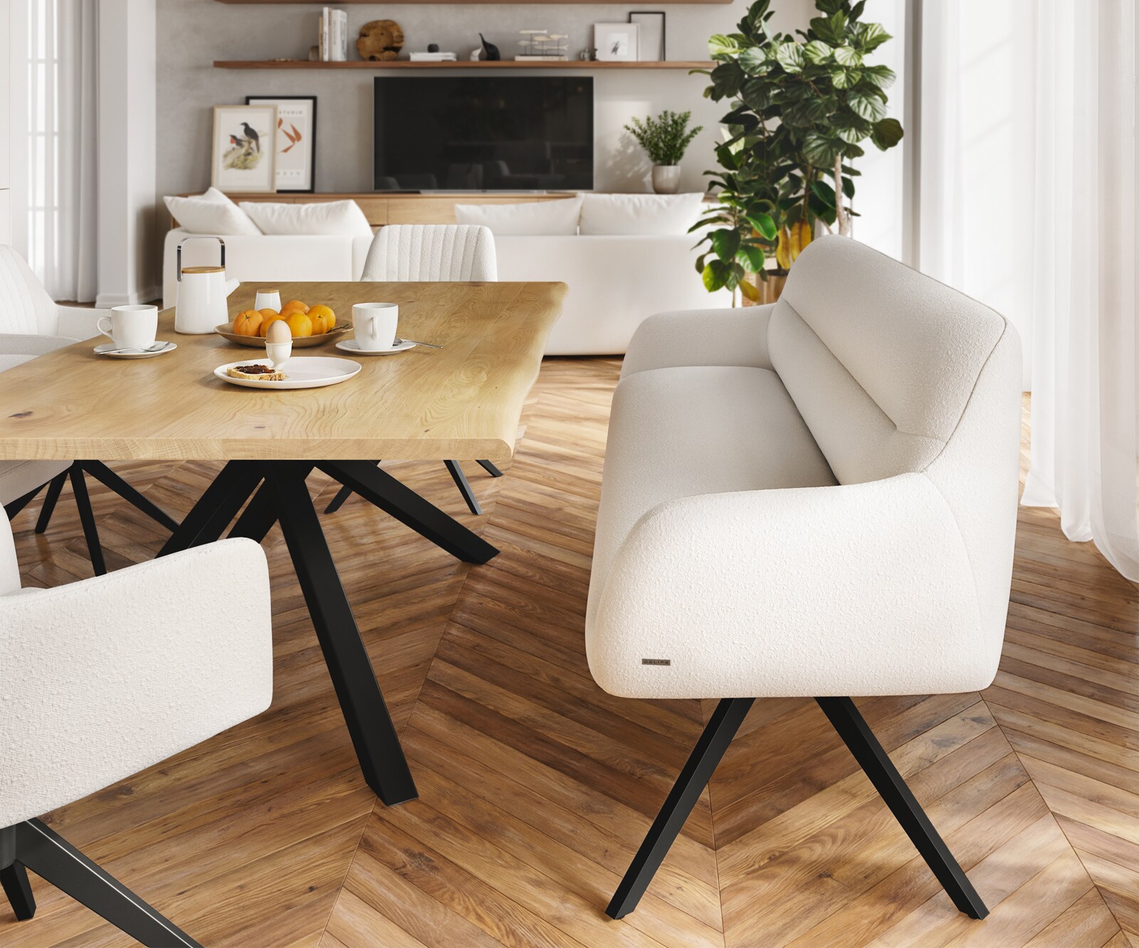 Eetkamerbank Taya-Flex 200 cm bouclé crème-wit hoekig kruisframe zwart pocketvering 2