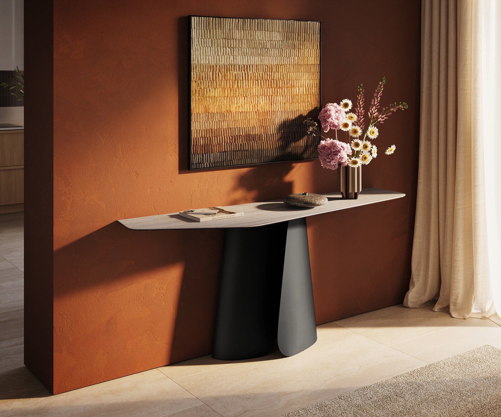 Consoletafel Edge Polygonaal 180x50 cm Keramiek Laminam® Travertino Bianco Creme-Weiß Livos Metaal Zwart 1
